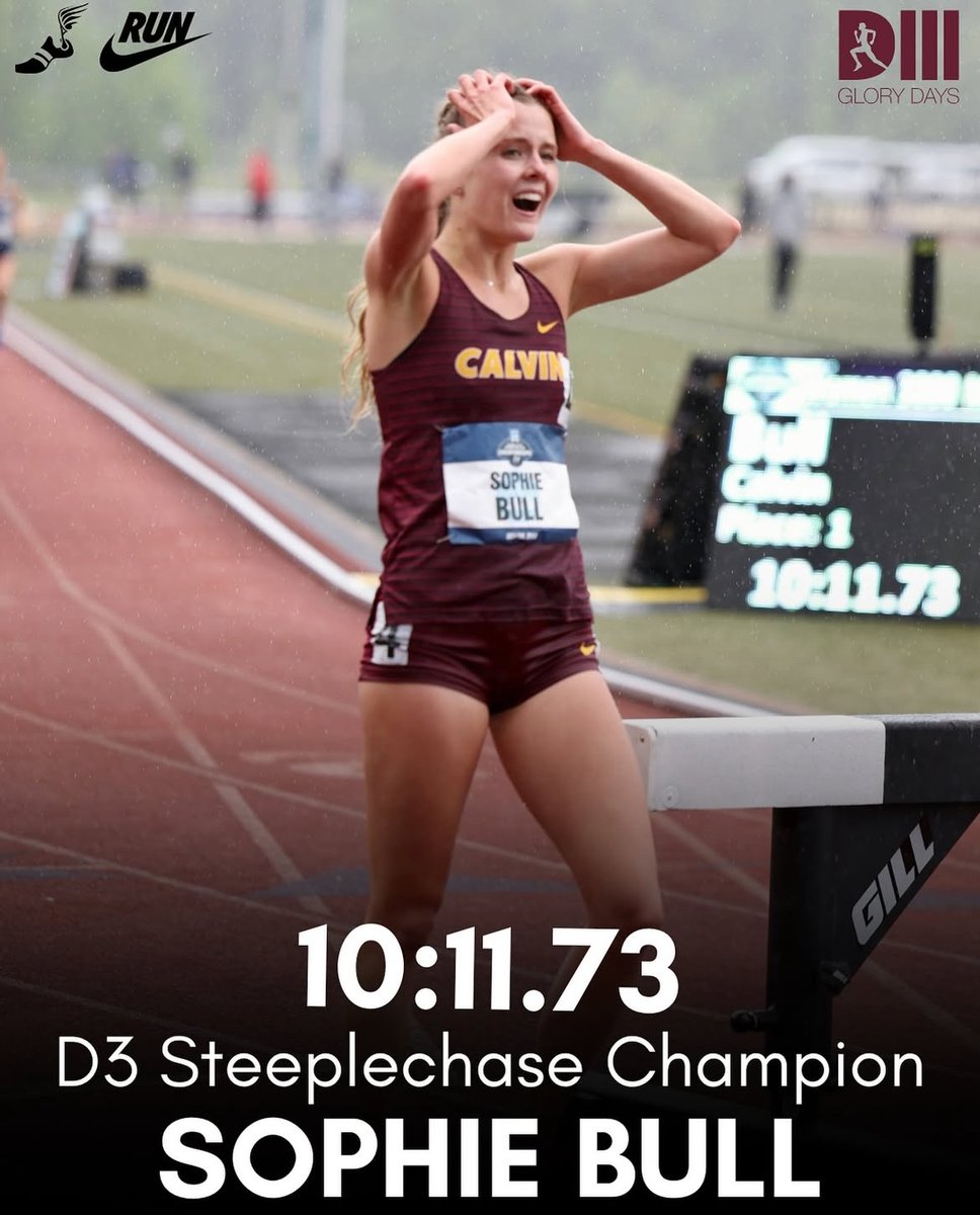 A HISTORIC RUN FOR BULL

Sophie Bull of Calvin makes her move with 800m to go and wins her first national title, and the first women’s steeplechase national title for Calvin.

Her 13-second personal best of 10:11.73 is the 4th fastest time in D3 history.