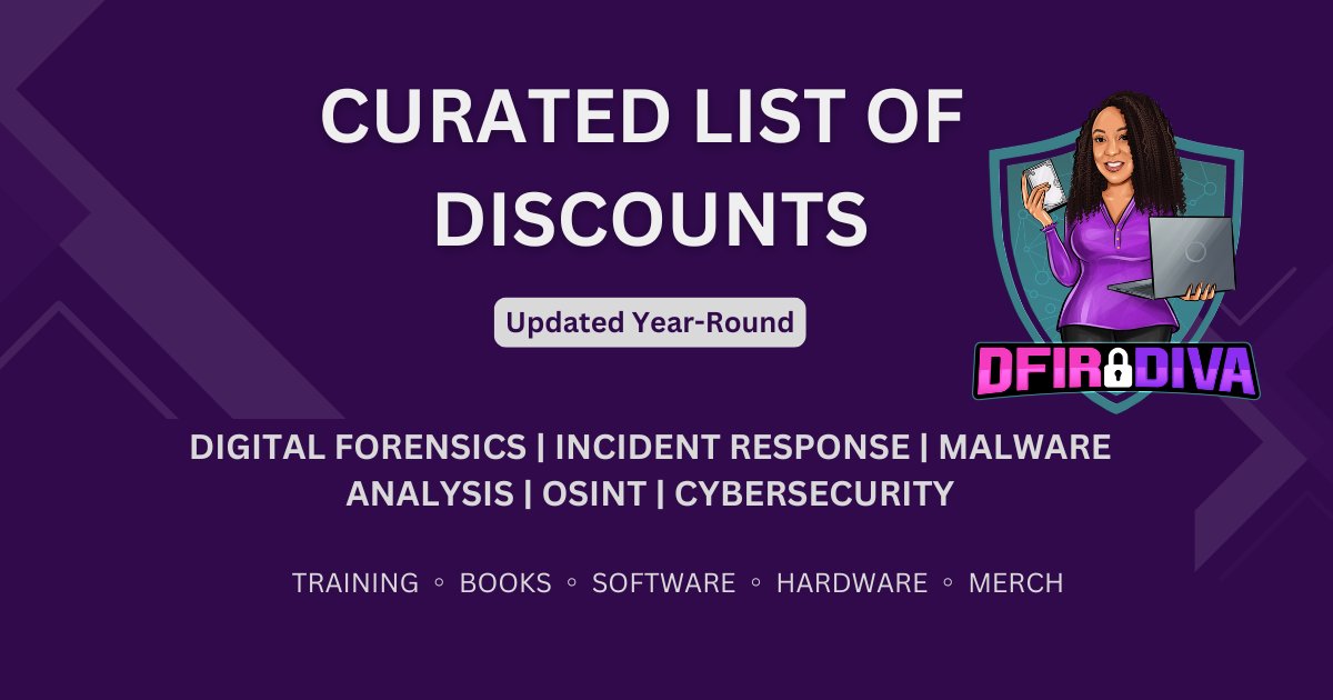 I just updated the Current Discounts page. There are several Memorial Day Sales going on! Please let me know if I missed any.

Link: training.dfirdiva.com/current-discou…

#DFIR #DigitalForensics #IncidentResponse #MalwareAnalysis #OSINT
