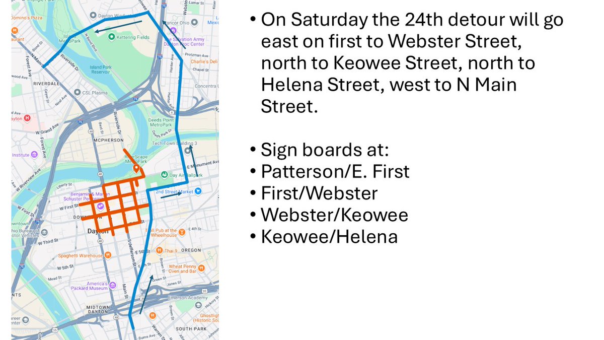 On Saturday May 24, 2025, there will be a road closure on Riverside Dr. The detour to get around downtown will utilize Webster St and Keowee St. This map is a suggested route to go from south to north and avoid the closures. Sign boards are posted to help with navigation