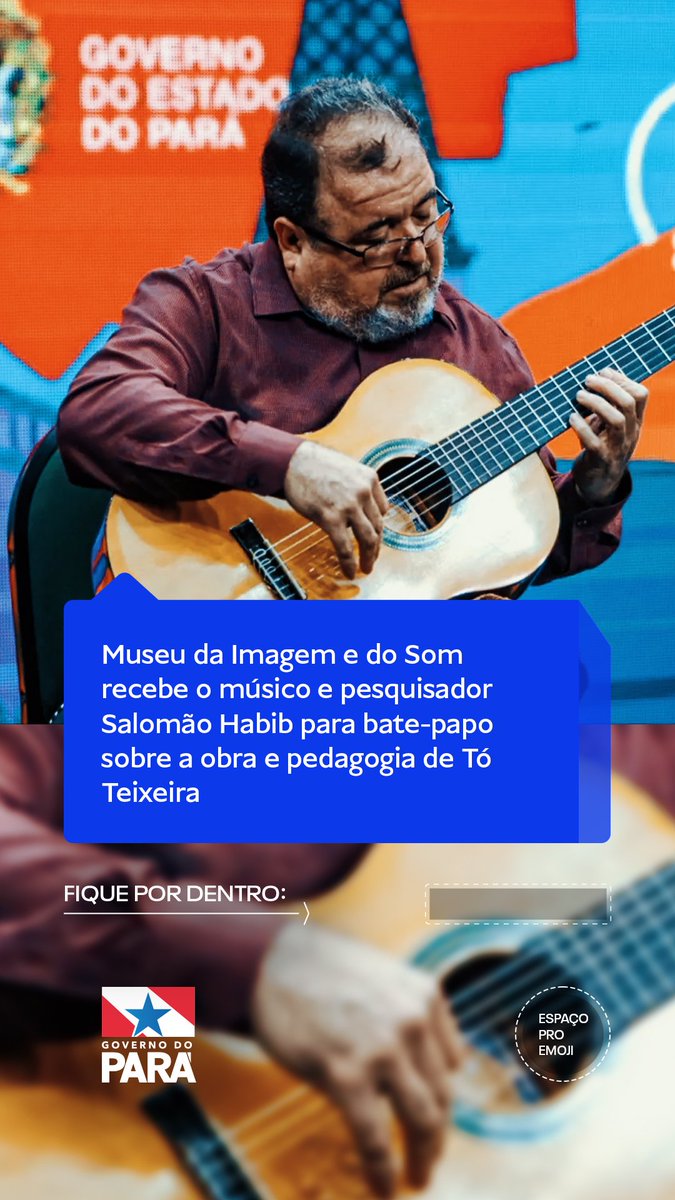 Neste domingo (25), às 10h30, o músico e pesquisador Salomão Habib participa do bate-papo “A Pedagogia do Violão na obra de Tó Teixeira”, no MIS. A realização é da Kamara Kó Galeria, com apoio Rouanet Norte, patrocínio Banco da Amazônia, Banco do Brasil, Correios e Caixa. Apoio