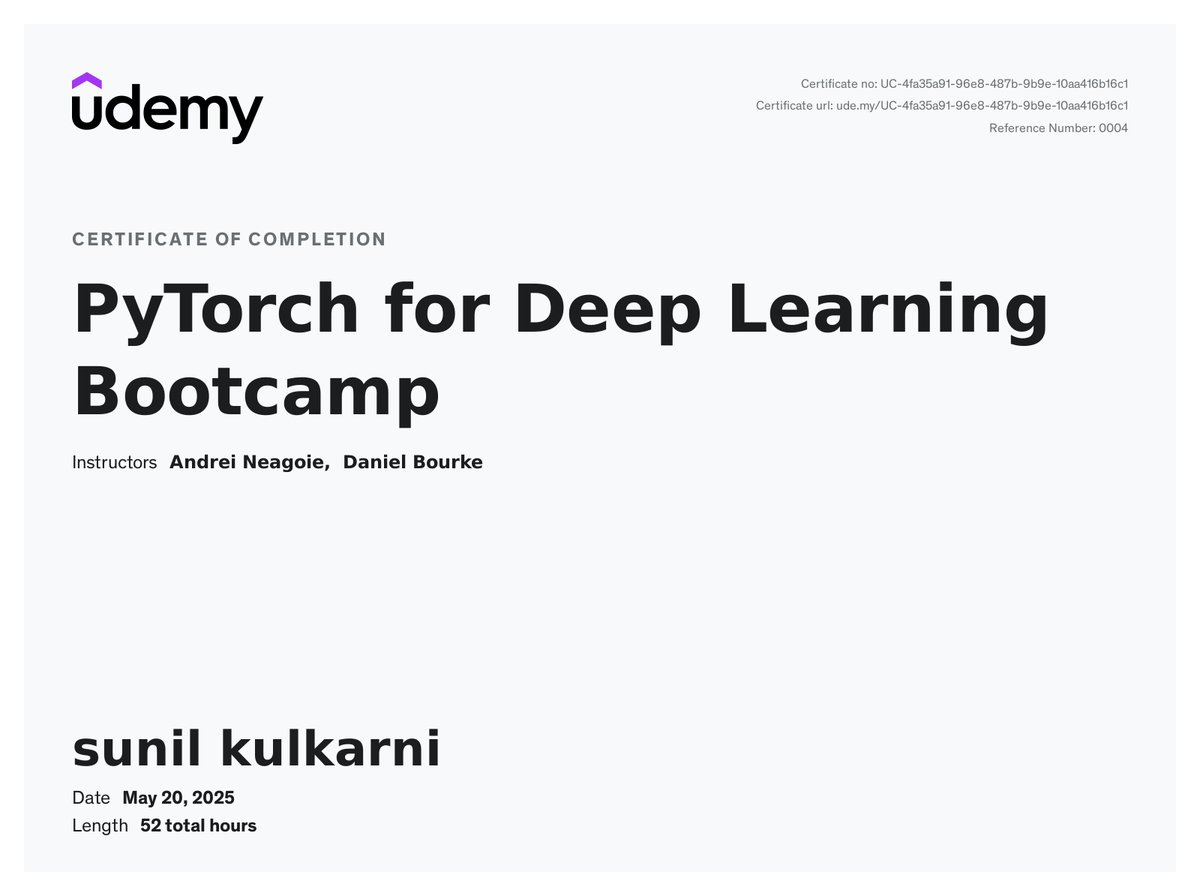 Finished the 'PyTorch for Deep Learning' course! One more step forward in my AI journey. #DeepLearning #PyTorch #ML