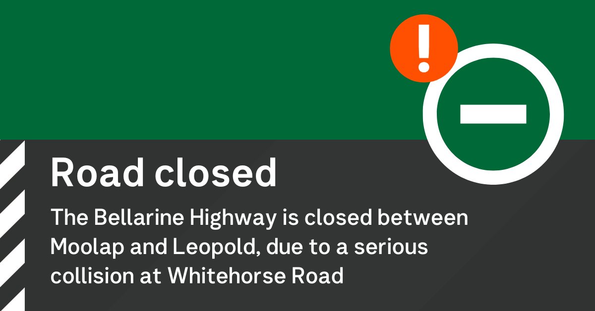 The Bellarine Highway is closed between Moolap and Leopold, due to a serious collision at Whitehorse Road. Please follow the direction of emergency services. Avoid the area using Moolap Station Road, Portarlington Road and Christies Road. #victraffic