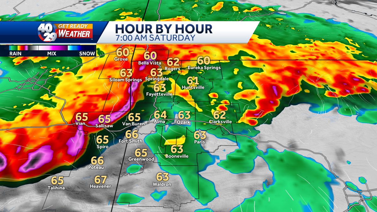 10:45pm UPDATE:
Most model data coming in tonight is giving the impression ... while there could be spotty storms in NWA a bit after 12am ... the bulk of the storm concerns will move thru NWA &amp; the River Valley as a line between 5am-11am. Winds as the main concern.
#arwx #okwx