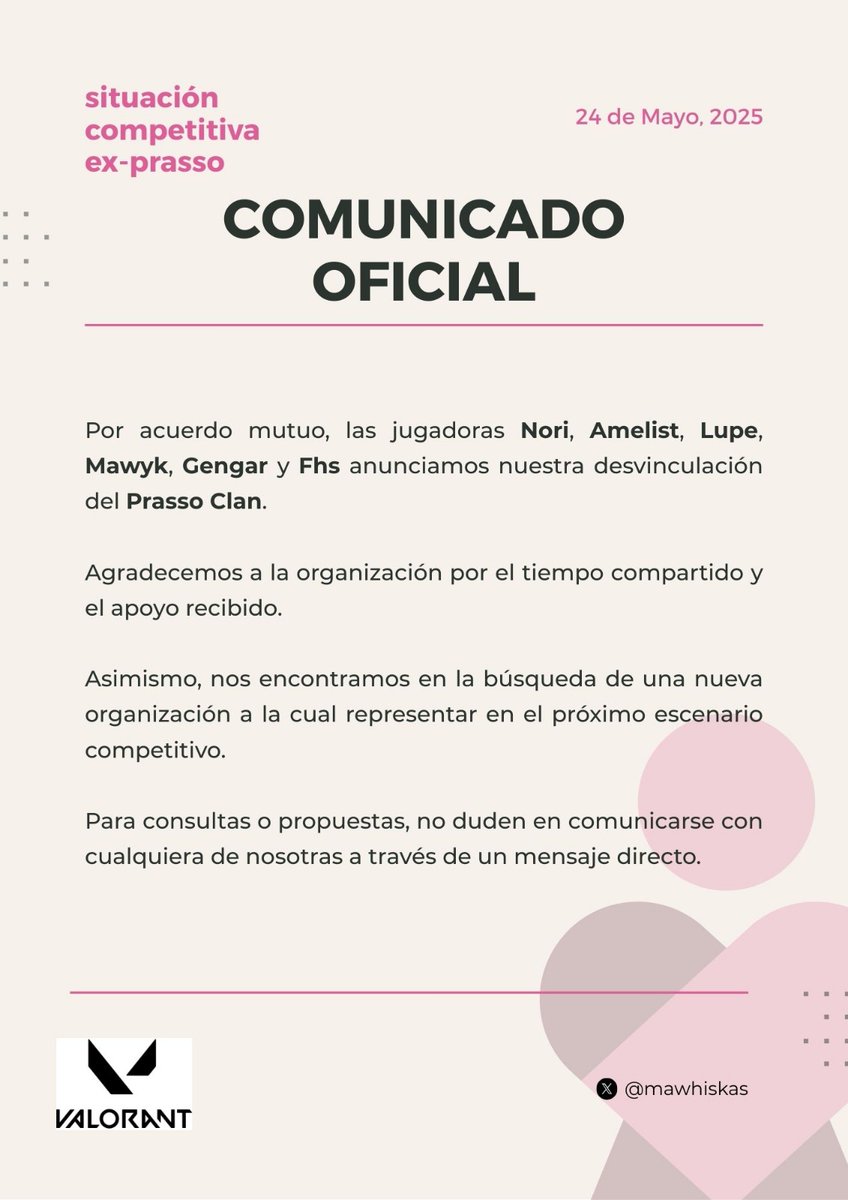 Desde hoy dejamos de formar parte de Prasso Clan. Agradecemos la oportunidad y el apoyo recibido. Seguimos unidas como equipo y buscamos una organización en esports que crea en nuestro proyecto y nos acompañe a seguir creciendo.

El dm de las 6 esta abierto a propuestas! Gracias