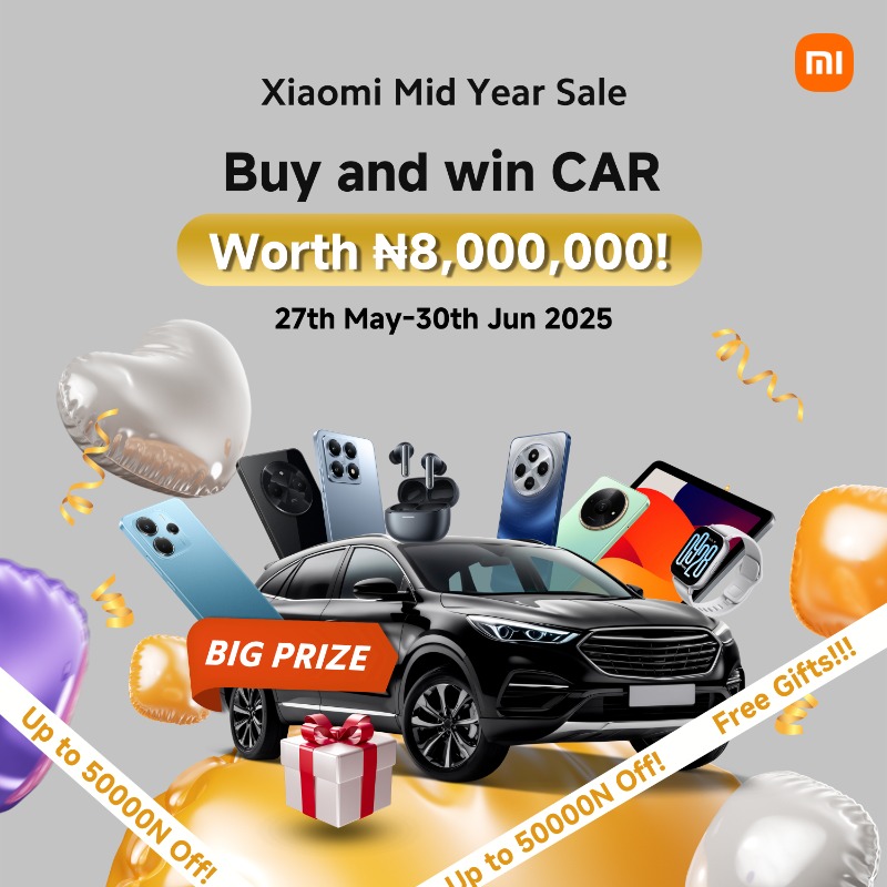 XiaomiNigeria's tweet photo. Get ready for the Xiaomi mid-year sale 2025! Buy a Xiaomi phone and stand a chance to  A CAR WORTH ₦8,000,000. Don't miss out! 
#XiaomiMidYearSale2025