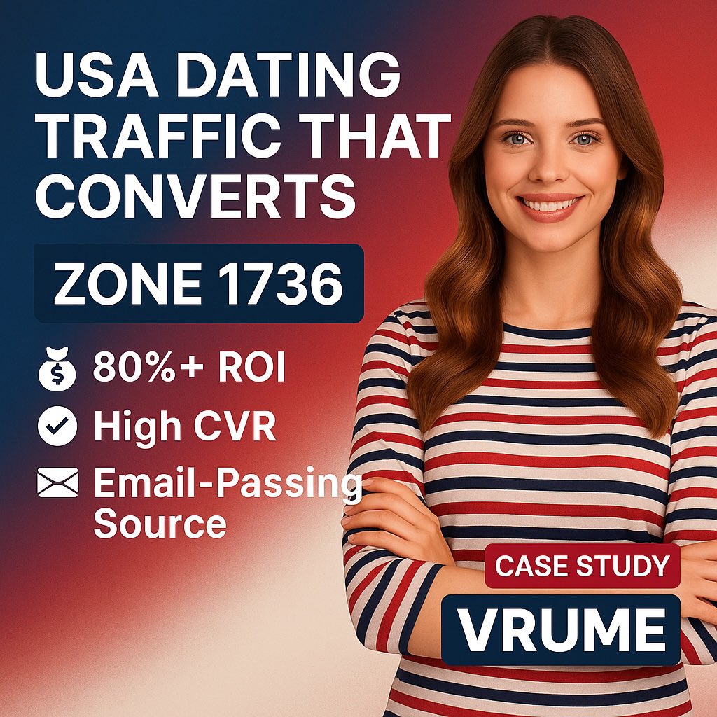 80%+ ROI. No lander. Just pure USA email-passing traffic.

Zone 1736 crushed for FlirtyNLocal:
•CVR: 9.86%
•eCPA: $2.36
•Desktop CVR: 33.3%

Full case study: vrume.com/blog/zone-1736…

#DatingTraffic #MediaBuying #Vrume