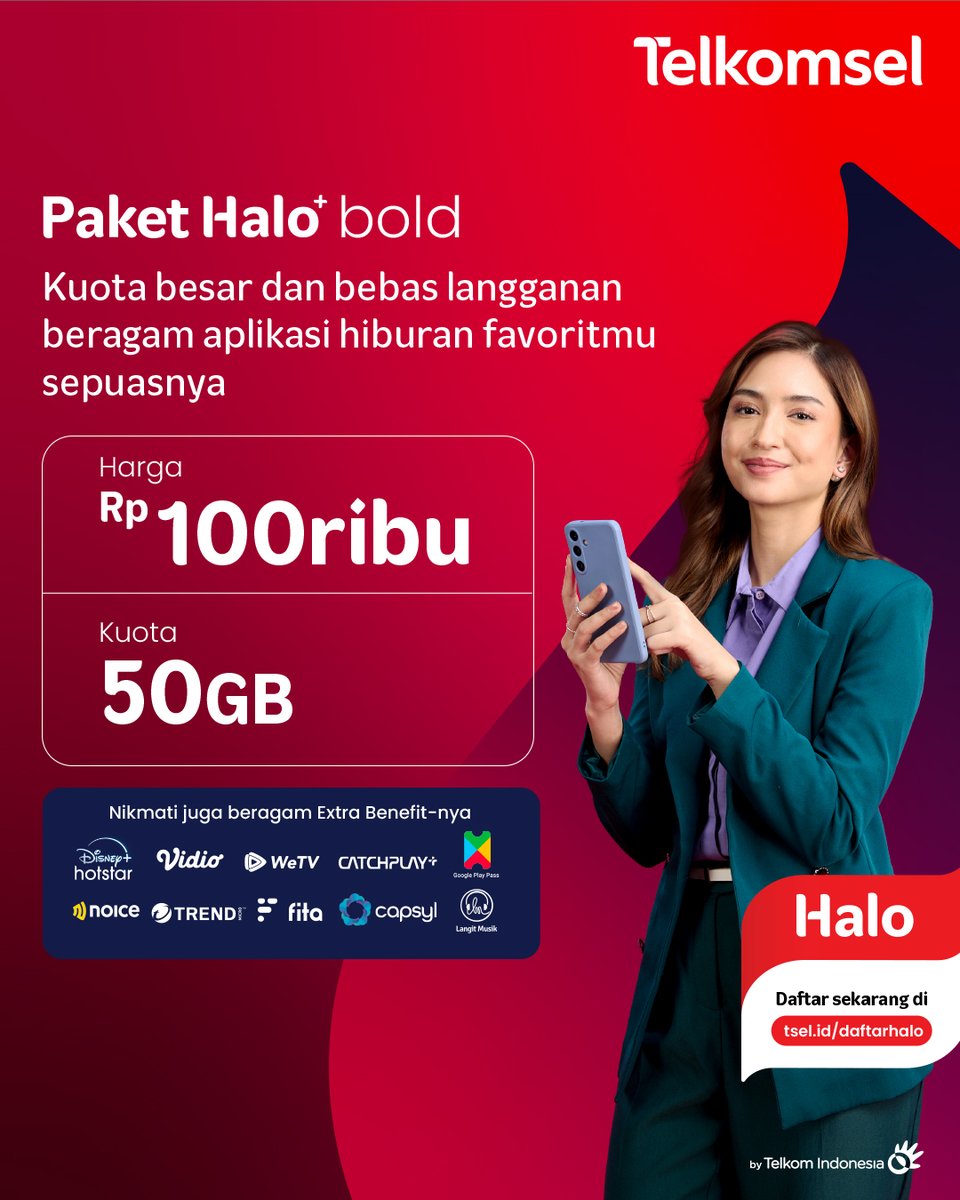 Jangan berhenti sekarang, karena Halo+ masih punya banyak benefit yang bisa bawa kamu ke next level! 🚀

Cuma dengan Rp100 ribu, kamu bisa dapetin kuota 50GB dan bebas klaim ExtraBenefit seru kayak Disney+ Hotstar, Vidio, WeTV, dan masih banyak lagi.

Siap naik level bareng?