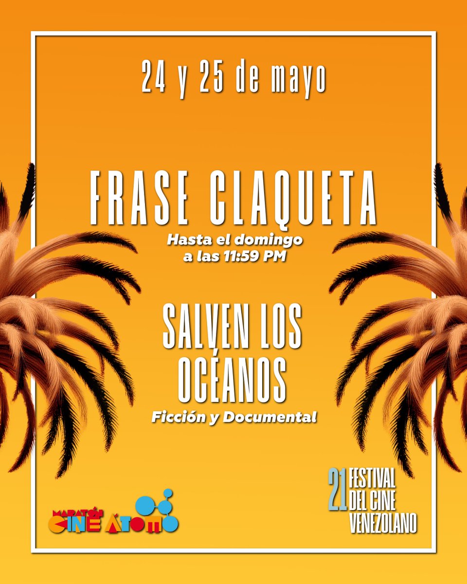 ¡Arrancan el Maratón Cine Átomo!

Compartimos la Frase Claqueta (Ficción y Documental) y el Objeto (Animación) que deben aparecer al inicio y al final de sus respectivos Cortometrajes.

¡Mucho éxito a los participantes!