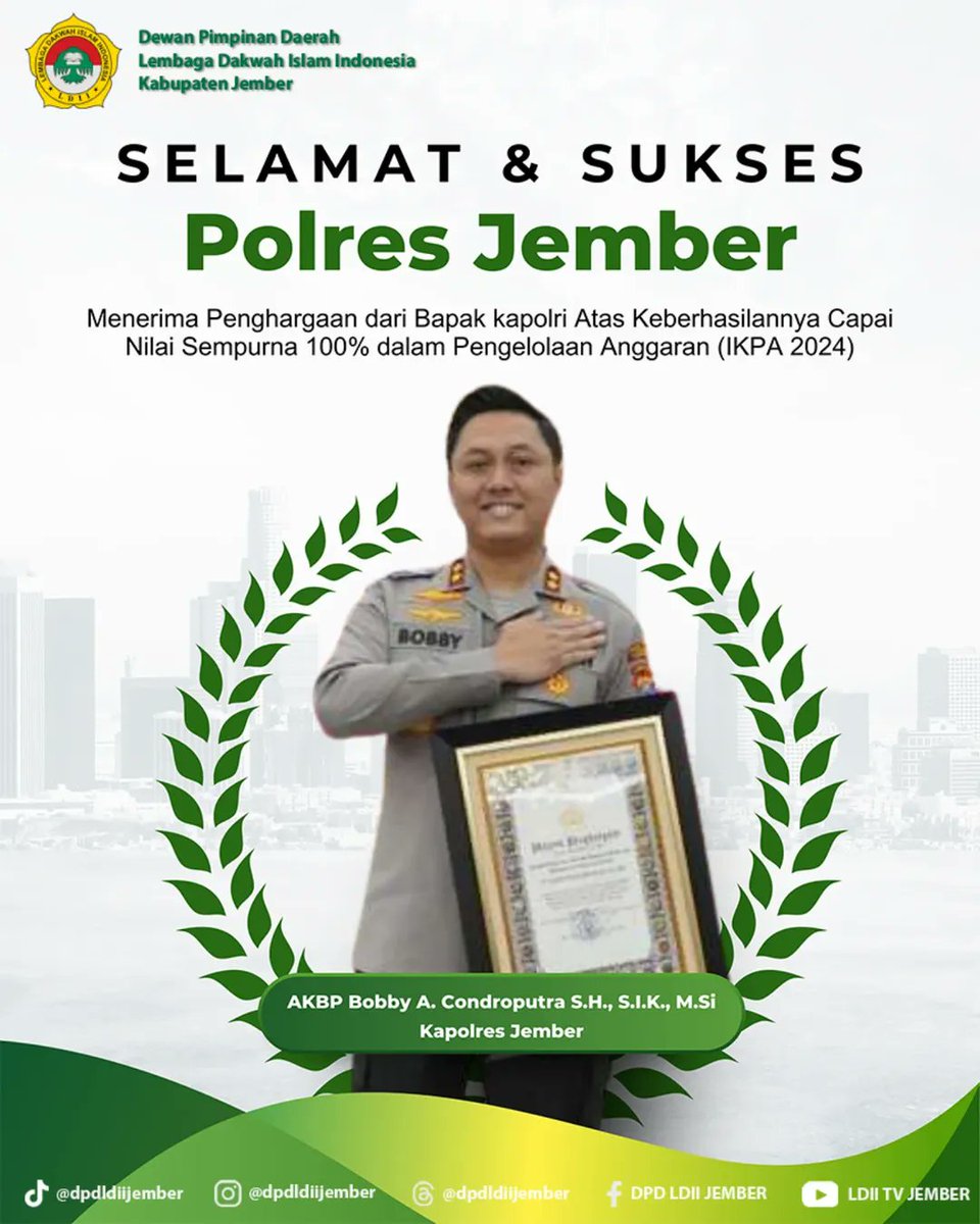 dpdldiijember's tweet photo. Keluarga Besar DPD LDII Kabupaten Jember mengucapkan Selamat, Sukses, Lancar dan Barokah kepada Polres Jember yang telah menerima Penghargaan dari Bapak Kapolri atas Keberhasilannya https://t.co/sZSumJqwjY