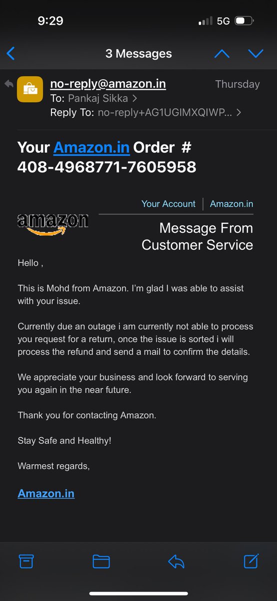 thepankman's tweet photo. @amazonIN extremely frustrating &amp; appalling interactions with customer “UN” service team, trying to return for 10 days, everyday same response “pick-up scheduled for tom” &amp; again tom automated call “customer has cancelled pick up” Funny are your ways! Waiting for my refund! https://t.co/jGfIYhzMNU