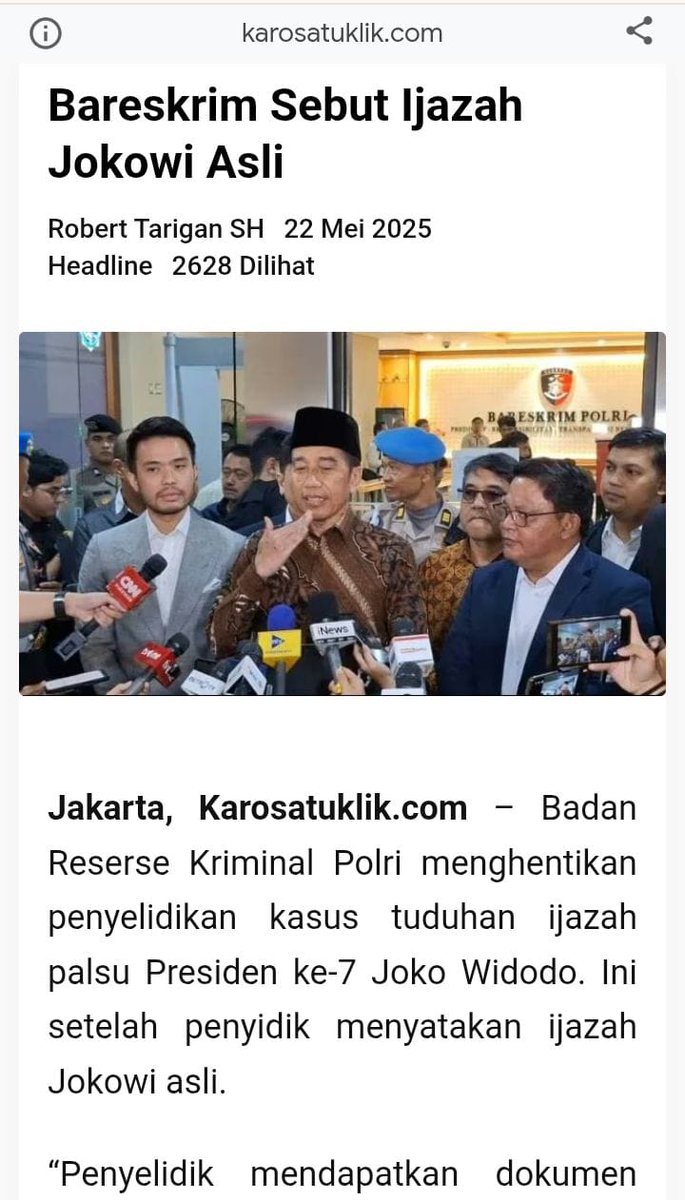 kinerja keren bareskrim polri tetap tenang, objektif, dan Sigap Tuntaskan Kasus shg kepercayaan rakyat tumbuh karena polri tak main-main. pembuktian ijazah presiden ke-7 jokowi ditangani dengan tanggung jawab
#PembuktianPenuhProfesionalitas