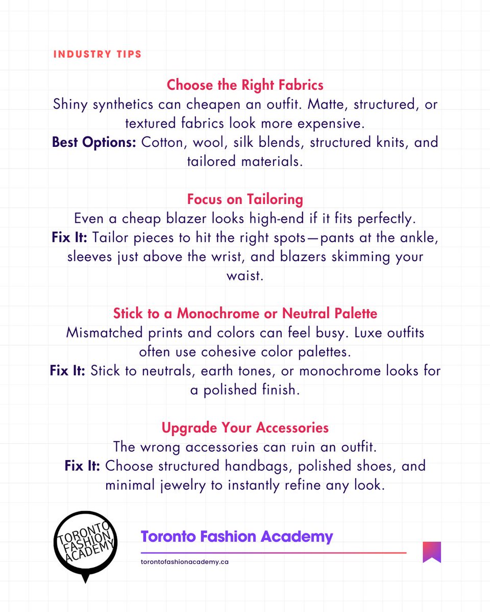 TFAOfficial's tweet image. Looking expensive isn’t about labels — it’s about styling smart.

From tailored fits to texture and color control, these tips instantly elevate your look.

Comment “Luxury Look Guide” on IG for the full checklist.
#StyleTips #LookExpensive #stylist #TorontoFashionAcademy