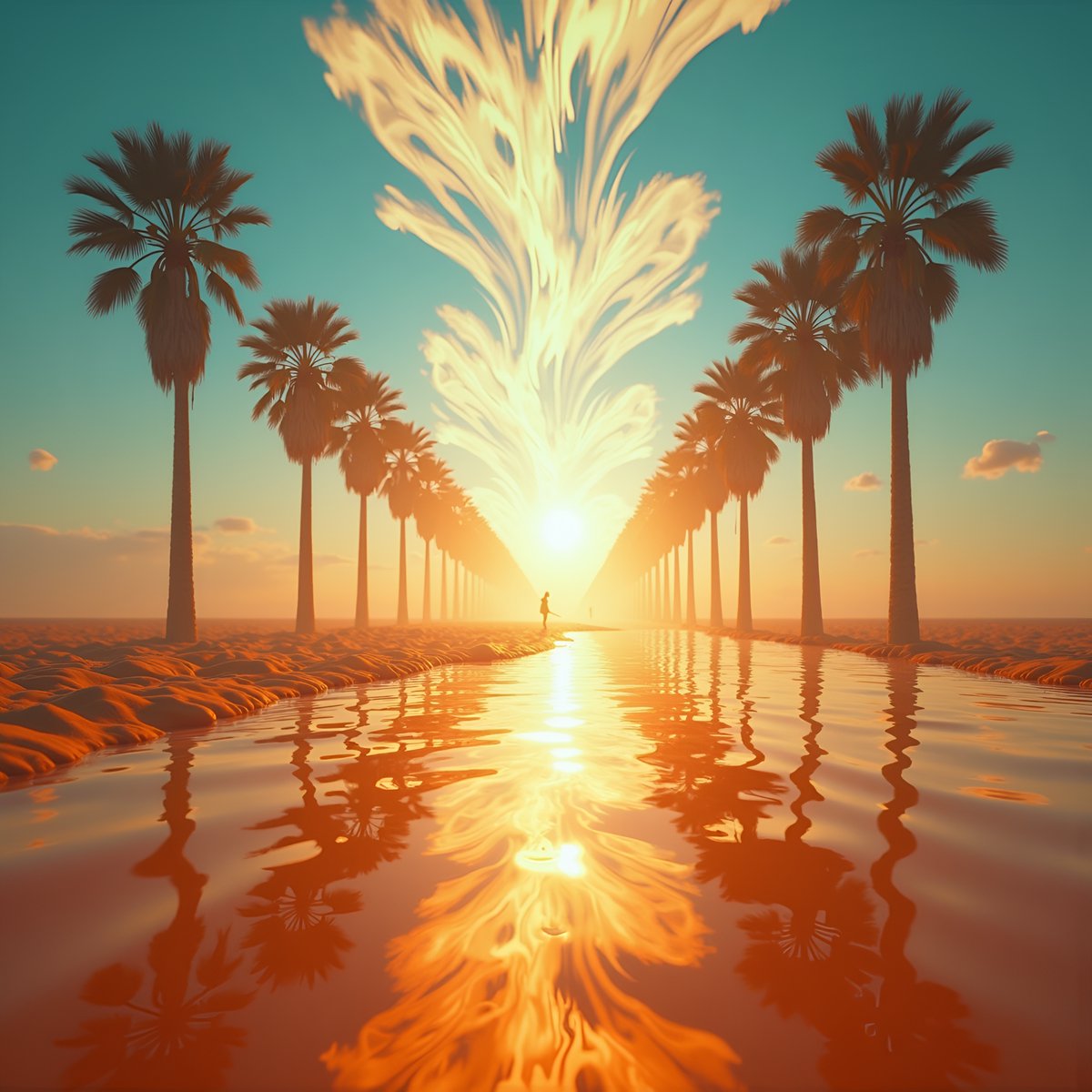 PromptSin's tweet image. Sunset magic with palm trees and fiery skies! 🌅🔥 #ParadiseVibes #SunsetLovers