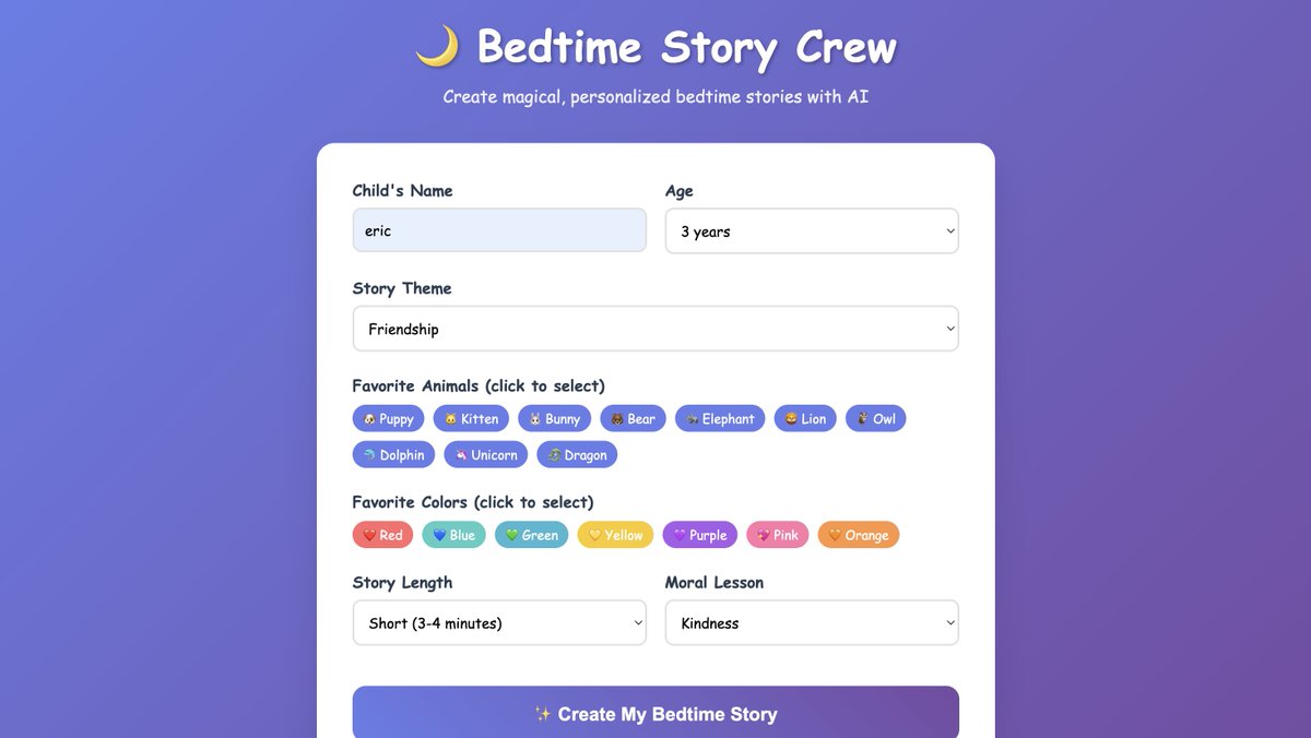 dhanush_chali's tweet photo. ✅ Day 39 of my #BuildingChallenge:   
 
🚀 I just built Bedtime Story Crew – a multi-agent AI app that creates magical, personalized bedtime stories with text, images, and audio! 🧸📖✨.

Here’s how the 5 AI agents make the magic happen:

👤 User Profile Agent – Personalizes stories based on age, preferences, fav animals/colors.

✍️ Story Generator Agent – Crafts unique tales using GPT (adventure, kindness, magic & more).

🖼️ Image Generator Agent – Creates stunning illustrations with DALL·E or fallback art.

🎙️ Audio Generator Agent – Narrates stories using Google TTS with bedtime pacing.

📘 Storybook Composer Agent – Assembles an interactive, auto-play storybook.

Built with @CrewAI_, @OpenAI, Flask, and more.
small bugs to fix ,will do it tomorrow.

#AI #CrewAI #GenAI #Python #TTS #Dalle #Parenting #Storytime #AIProject #CrewAI #AIBuilder #BuildInPublic #softwaredeveloper