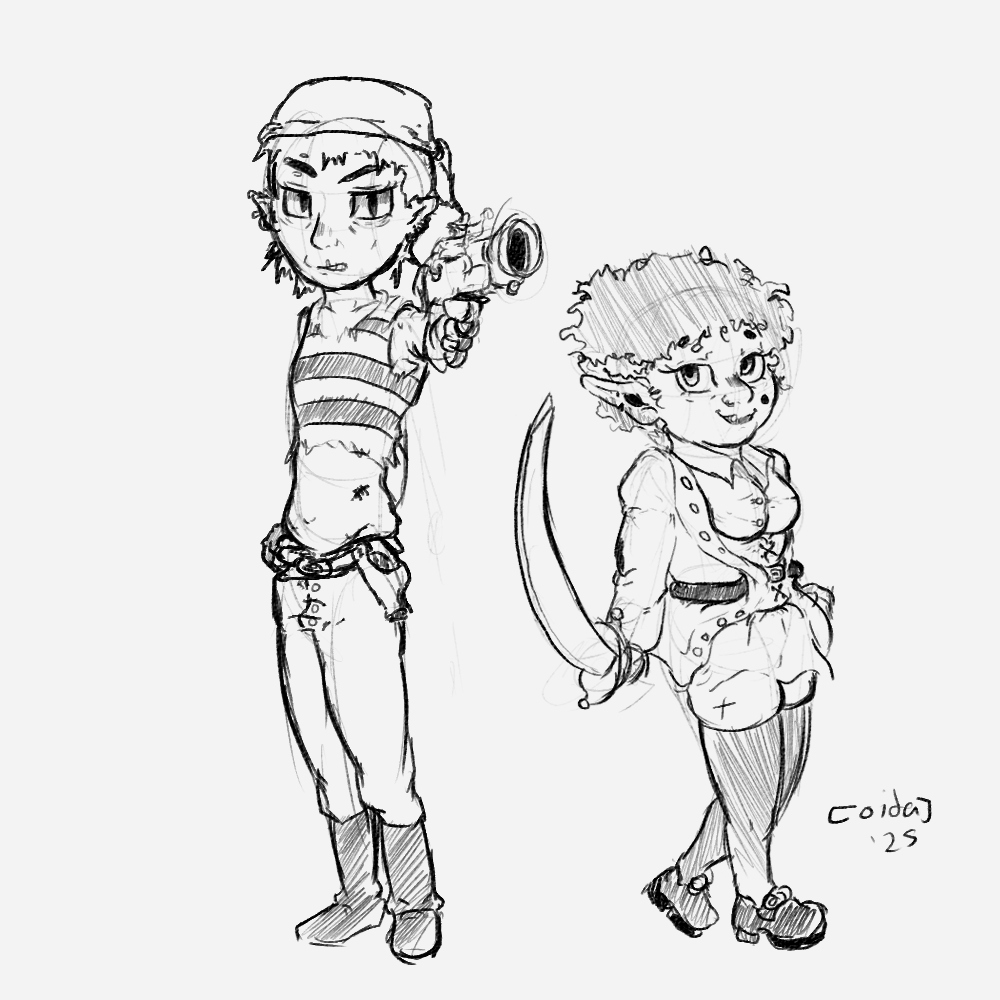 My friends were talking about characters and mentioned pirate sisters and this came out. I'm mad that the only time I seem to cook is when my friends brain blast about random ideas. It's like a god damn Dwarf Fortress Fey Mood...

#sketch #digitalart
