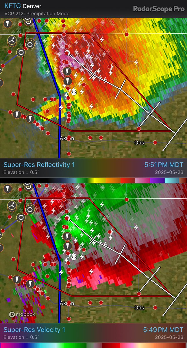 HouckisPokisewx's tweet image. Observed tornado and tennis ball sized hail near Akron Colorado
KFTG - Super-Res Reflectivity 1 5:51 PM Super-Res Velocity 1 5:49 PM #cowx