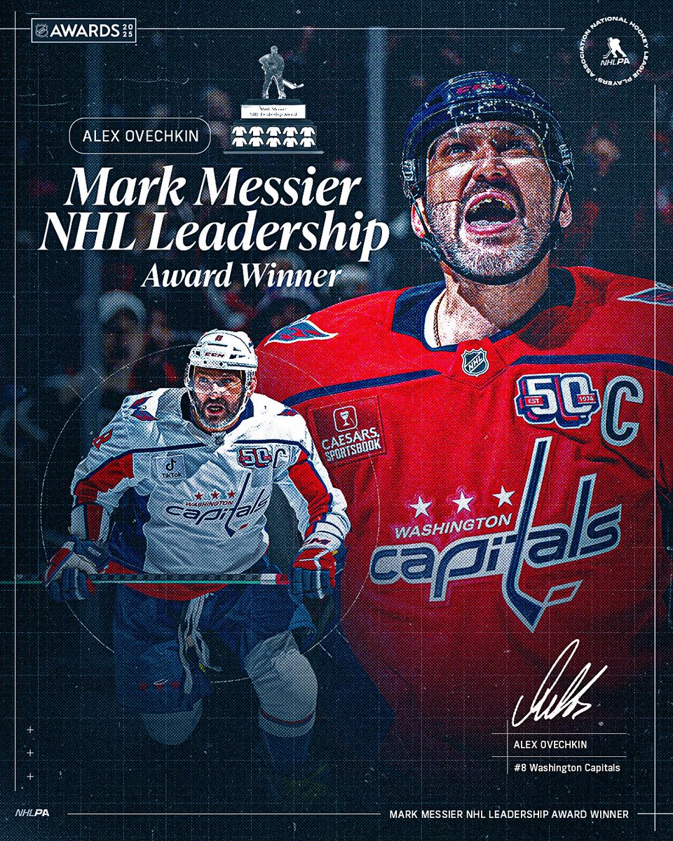 NHLPA (@nhlpa) on Twitter photo Leading the way on the ice and in the history books – congratulations to <a href="/Capitals/">Washington Capitals</a> captain Alex Ovechkin on taking home the 2024-25 Mark Messier NHL Leadership Award. #NHLAwards Leading the way on the ice and in the history books – congratulations to <a href="/Capitals/">Washington Capitals</a> captain Alex Ovechkin on taking home the 2024-25 Mark Messier NHL Leadership Award. #NHLAwards