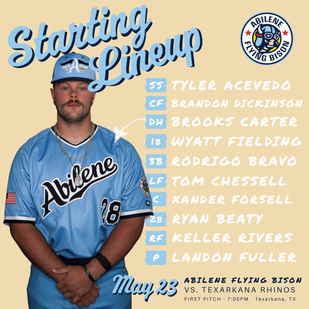 Abilene Flying Bison (@abiflyingbison) on Twitter photo Presenting the starting lineup for Game 2 against the Texarkana Rhinos 🦬🪽
<a href="/josetylerace1/">Jose Tyler acevedo</a> <a href="/BrandonDickyy/">Brandon Dickinson</a> <a href="/Brooks_Carter9/">Brooks carter</a> <a href="/wyatt_fielding/">Wyatt Fielding</a> <a href="/Rodrigo_bravo31/">Rodrigo Bravo</a> <a href="/Tomchessell2024/">Tom chessell</a> <a href="/XanderRHS/">Xander Forsell</a> <a href="/18_beaty/">Ryan Beaty 18</a> <a href="/keller_rivers/">Keller Rivers</a> <a href="/landonfuller29/">Landon Fuller</a> Presenting the starting lineup for Game 2 against the Texarkana Rhinos 🦬🪽
<a href="/josetylerace1/">Jose Tyler acevedo</a> <a href="/BrandonDickyy/">Brandon Dickinson</a> <a href="/Brooks_Carter9/">Brooks carter</a> <a href="/wyatt_fielding/">Wyatt Fielding</a> <a href="/Rodrigo_bravo31/">Rodrigo Bravo</a> <a href="/Tomchessell2024/">Tom chessell</a> <a href="/XanderRHS/">Xander Forsell</a> <a href="/18_beaty/">Ryan Beaty 18</a> <a href="/keller_rivers/">Keller Rivers</a> <a href="/landonfuller29/">Landon Fuller</a>