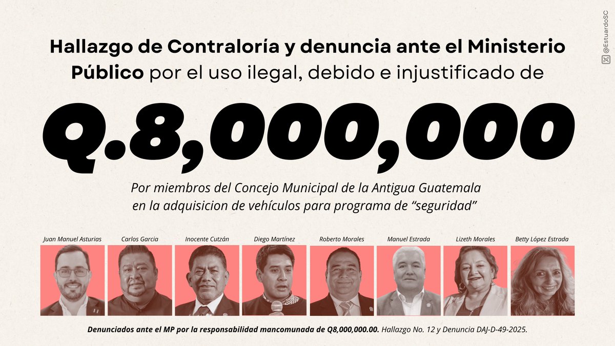 EstuardoSC's tweet photo. 🚨Una auditoría de la Contraloría General de Cuentas reveló uno de los hallazgos más graves en el primer año de gestión de @JuanMaAsturias. 

La @MuniAntiguaGt recibió casi Q18 millones por una licencia de uso de suelo. Pero luego -¡devolvió!- Q8 millones a la empresa que pagó esa licencia, con el argumento de que esa empresa compraría vehículos (las famosas motos BMW, los Hilux y las Prado) y se los daría a la Municipalidad como “compensación”.

Doce pickups, tres camionetas, 38 motos, dos vehículos todo terreno y un camión.

1. Según el informe de auditoría, el Código Municipal solo autoriza aportes compensatorios en dinero, no pagos con bienes.

Lo que hicieron fue inventarse una figura ilegal: “pago compensatorio en especie”. Y con eso, evadieron por completo la Ley de Contrataciones del Estado.

2. Lo más grave: La Municipalidad no compró nada directamente. No hubo licitación. No hubo competencia ni control de precios y no hay evidencia clara de que los vehículos hayan ingresado al inventario. 

El resultado contable fue escandaloso: Los Q8 millones se registraron como pérdida en los estados financieros ¡Como si el dinero hubiera desaparecido!

Además, hay incoherencias en los documentos: Mientras unos papeles hablan de Q17.9 millones, el acta del Concejo menciona Q22.6 millones. Y no se descontaron los Q8 millones de vehículos como debía hacerse. Es decir, se cobró, se devolvió y se reportó mal.

La Contraloría concluyó que los responsables no pudieron justificar lo ocurrido. No presentaron pruebas suficientes. Y el caso fue tan grave que ya hay denuncias penales contra quienes aprobaron esta operación (DAJ-D-49-2025).

Este escándalo podría constituir:
🚨 Malversación
🚨 Abuso de autoridad
🚨 Fraude contra la administración pública
Y otros delitos, todos evidenciados y aprobados en actas de Concejo.

Esto no es un simple error administrativo. Es corrupción con papeles, con actas y con registros falsos o incompletos. Una maniobra para mover millones de forma opaca, fuera del marco legal.

Lo que debería ser un aporte para mejorar la ciudad, terminó siendo un ejemplo perfecto de cómo se puede desaparecer dinero público con acuerdos ilegales. 

Y la guinda del pastel: el mismo @JuanMaAsturias, denunciado por la Contraloría, en estos días cedió instalaciones municipales al @MPguatemala. 

¿Coincidencia? 

Tremendo caso en el PRIMER año de gobierno.