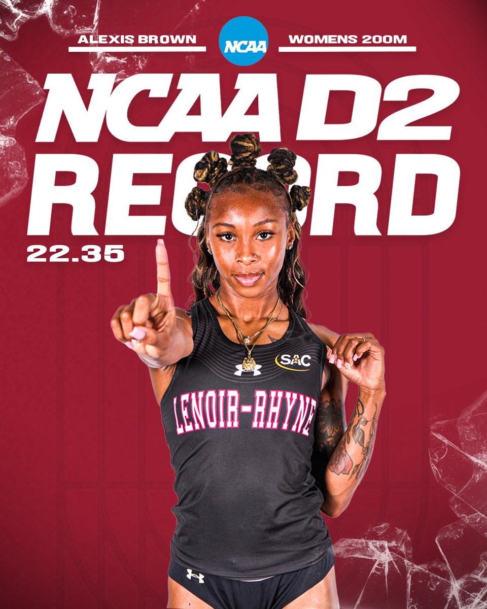 Lenoir-Rhyne Bears (@lrbears) on Twitter photo ๐๐๐ ๐
๐๐๐๐๐๐ ๐๐๐ ๐๐๐ ๐๐๐๐๐ ๐๐๐๐ ๐๐
๐๐๐ ๐๐๐๐โผ๏ธ
Alexis Brown absolutely shatters the NCAA DII 200 meter dash record with a time of 22.35 in her 200 meter prelim. She now owns the DII records in both the 100 and 200
#GOBEARS | #BetweenTheBricks ๐๐๐ ๐
๐๐๐๐๐๐ ๐๐๐ ๐๐๐ ๐๐๐๐๐ ๐๐๐๐ ๐๐
๐๐๐ ๐๐๐๐โผ๏ธ
Alexis Brown absolutely shatters the NCAA DII 200 meter dash record with a time of 22.35 in her 200 meter prelim. She now owns the DII records in both the 100 and 200
#GOBEARS | #BetweenTheBricks