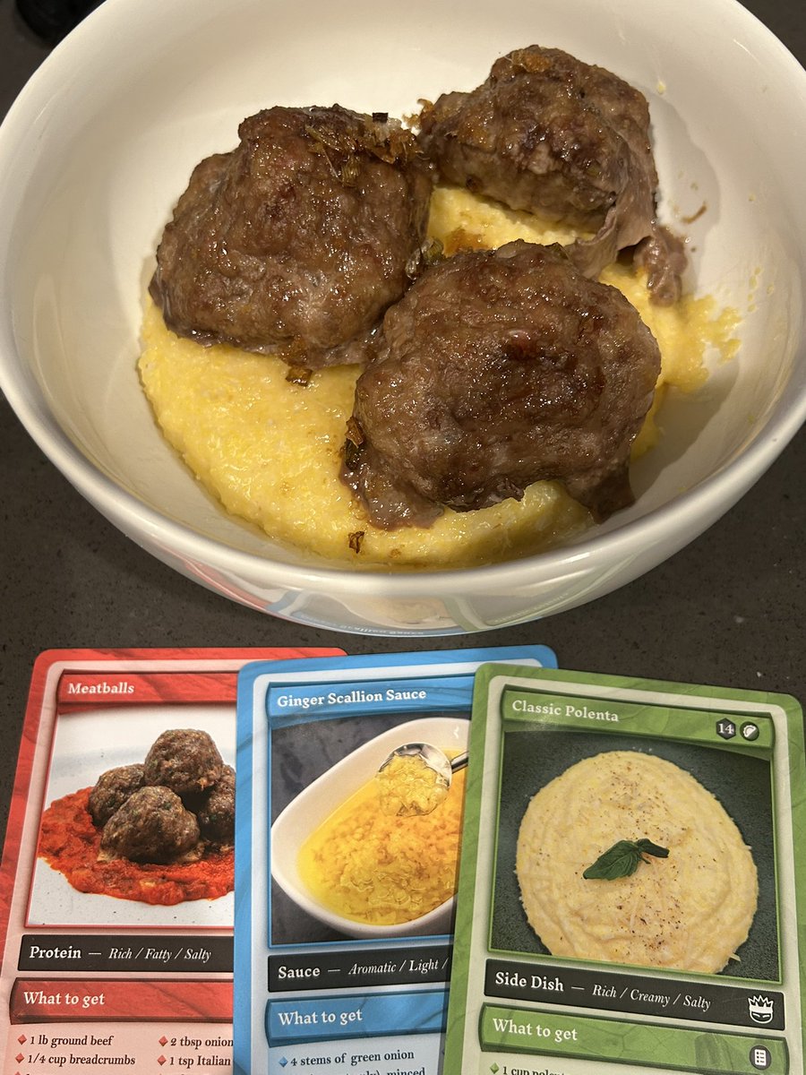 stitchdlitch's tweet photo. Today’s Cooking with Chaos Friend Roll is @thiccish_  so I made her roll as well as a from scratch eyeballed orange cake with orange glaze. 

The meatballs were super tender and juicy the polenta was cheesy and creamy and the ginger sauce brought some freshness.
#cookingwithchaos https://t.co/Atq5sz4TDo