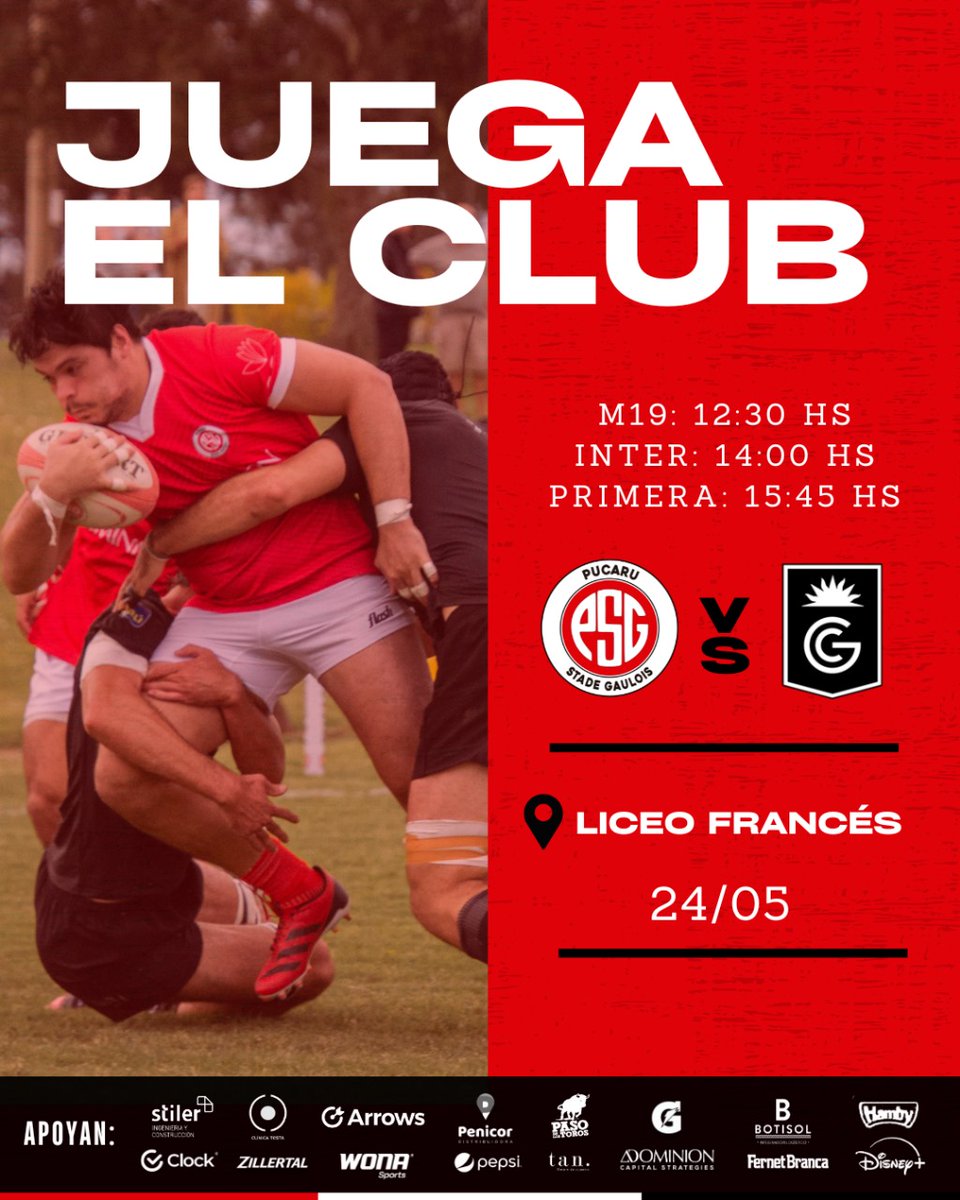 ¡Se juega la fecha 8️⃣ del Apertura 🏉 y recibimos a <a href="/loscuervos_/">Los Cuervos Rugby - CGU</a>!

📅 Sábado 24/05
📍 Liceo Francés

➡️ Primera - 🕐: 15:45 hs
➡️ Intermedia - 🕐: 14:00 hs
➡️ M19 - 🕐: 12:30 hs

#VamosPuca 🔴⚪🔴