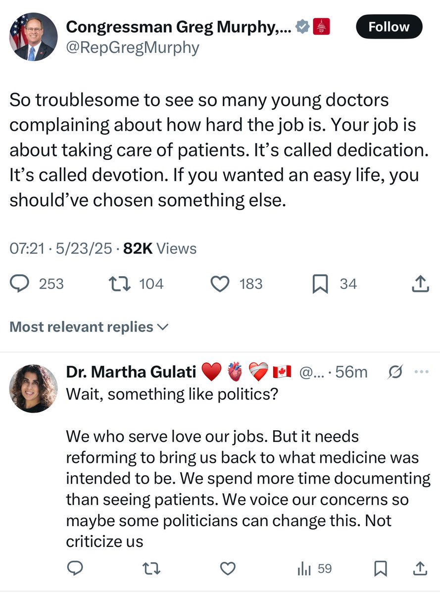 Dr. Martha Gulati ā„ļøš«ā¤ļøāš©¹šØš¦ (@drmarthagulati) on Twitter photo When a former physician tells us we are not allowed to speak up about things that are wrong in medicineā¦
Our patients deserve time with their doctors not quick visits.
Our patients deserve excellent care, not excellent but useless EHR
But you be you, <a href="/repgregmurphy/">Congressman Greg Murphy, M.D.</a> When a former physician tells us we are not allowed to speak up about things that are wrong in medicineā¦
Our patients deserve time with their doctors not quick visits.
Our patients deserve excellent care, not excellent but useless EHR
But you be you, <a href="/repgregmurphy/">Congressman Greg Murphy, M.D.</a>