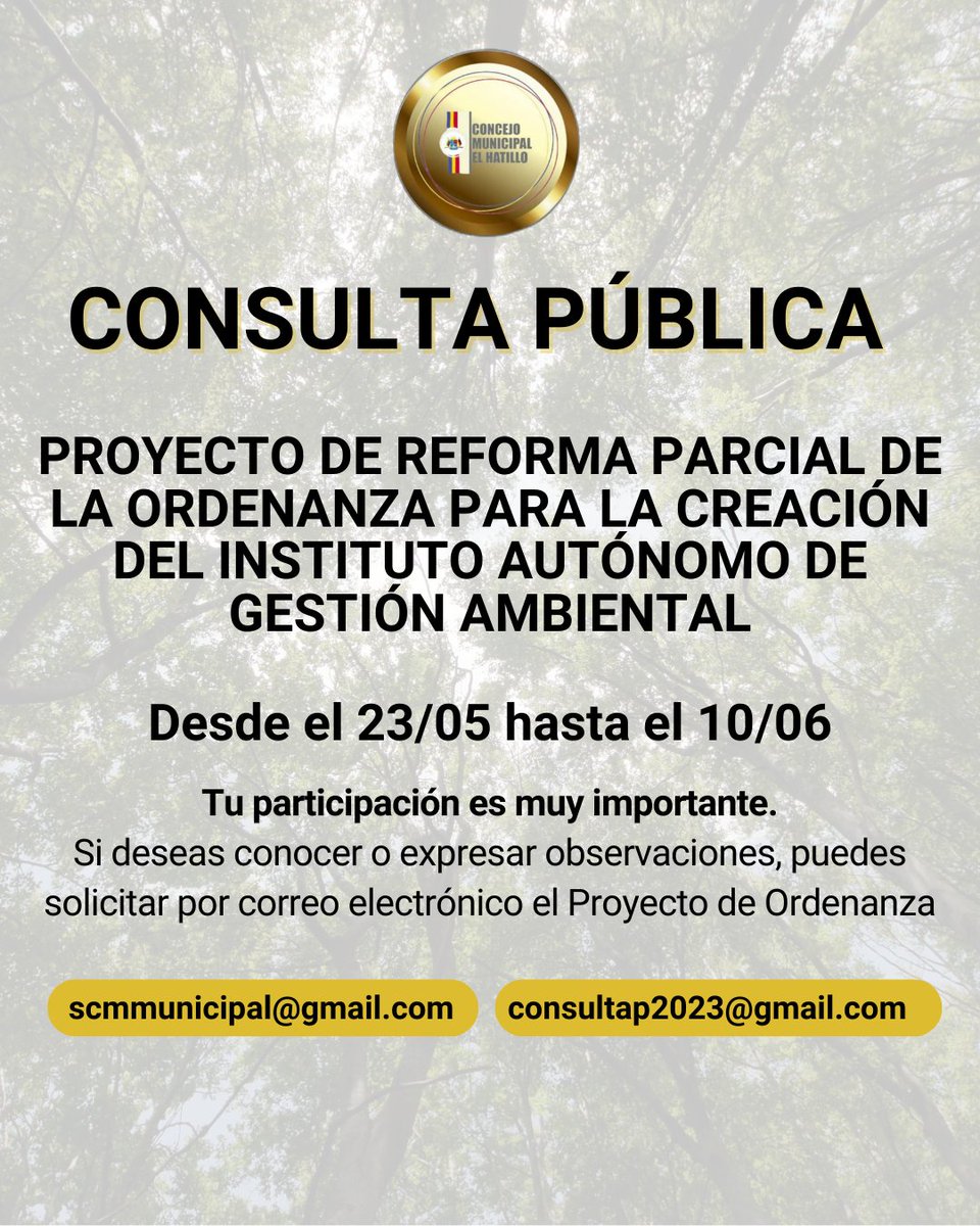 ¡Participa! Iniciamos la consulta pública del Proyecto de Reforma Parcial de la Ordenanza para la Creación del Instituto Autónomo de Gestión Ambiental.

Del 23 de mayo al 10 de junio. ¡Tu opinión construye el futuro de El Hatillo!
#ConsultaPública