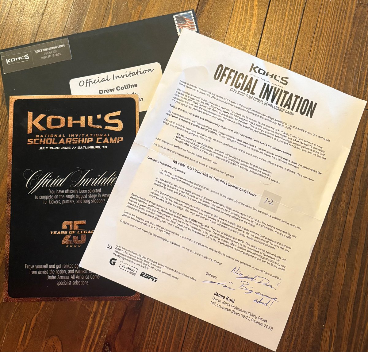 Andrew Collins (@andrewckicking) on Twitter photo I am grateful to be invited to the 2025 Kohl's National Invitational Scholarship Camp in Gatlinburg, TN! Thankful to Coach Jamie Kohl & <a href="/KohlsKicking/">Kohl's Kicking Camps</a> for the opportunity to compete with the best.
<a href="/PaladinsFCS/">Fellowship Christian Athletics</a>
<a href="/coglesbykicking/">C Oglesby Kicking</a>
<a href="/FCS_Recruiting/">Paladins Recruiting</a>
<a href="/CoachJT1515/">John Thompson</a>
<a href="/RecruitGeorgia/">Recruit Georgia</a> I am grateful to be invited to the 2025 Kohl's National Invitational Scholarship Camp in Gatlinburg, TN! Thankful to Coach Jamie Kohl & <a href="/KohlsKicking/">Kohl's Kicking Camps</a> for the opportunity to compete with the best.
<a href="/PaladinsFCS/">Fellowship Christian Athletics</a>
<a href="/coglesbykicking/">C Oglesby Kicking</a>
<a href="/FCS_Recruiting/">Paladins Recruiting</a>
<a href="/CoachJT1515/">John Thompson</a>
<a href="/RecruitGeorgia/">Recruit Georgia</a>
