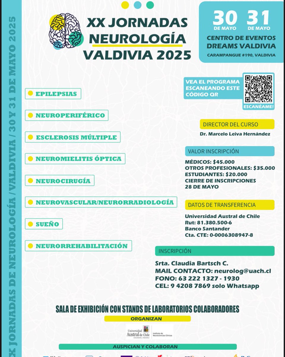 En las XX Jornadas de Neurología 2025 en Valdivia (30-31 mayo), 3 miembros de @SOCHEDEM participarán como expositores: un orgullo!!!

• Dr. Ramiro Fernández: Guías en amiloidosis hATTR
• Dra. Cárcamo: Terapias anti-CD20 en EM
• Dra. Galleguillos: Abordaje de NMO

#NeuroChile