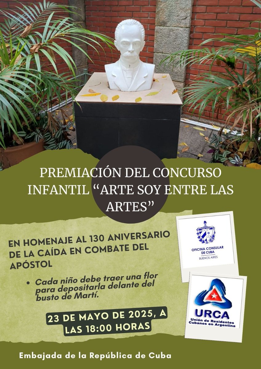 Consulado Cuba-ARG (@consulcuba_arg) on Twitter photo "A nuestros niños los hemos de criar para hombres de su tiempo, y hombres de América". Hermoso homenaje al Apóstol, a 130 años de su caída en combate, protagonizado por los que saben querer.
#JuntosPorCuba. "A nuestros niños los hemos de criar para hombres de su tiempo, y hombres de América". Hermoso homenaje al Apóstol, a 130 años de su caída en combate, protagonizado por los que saben querer.
#JuntosPorCuba.