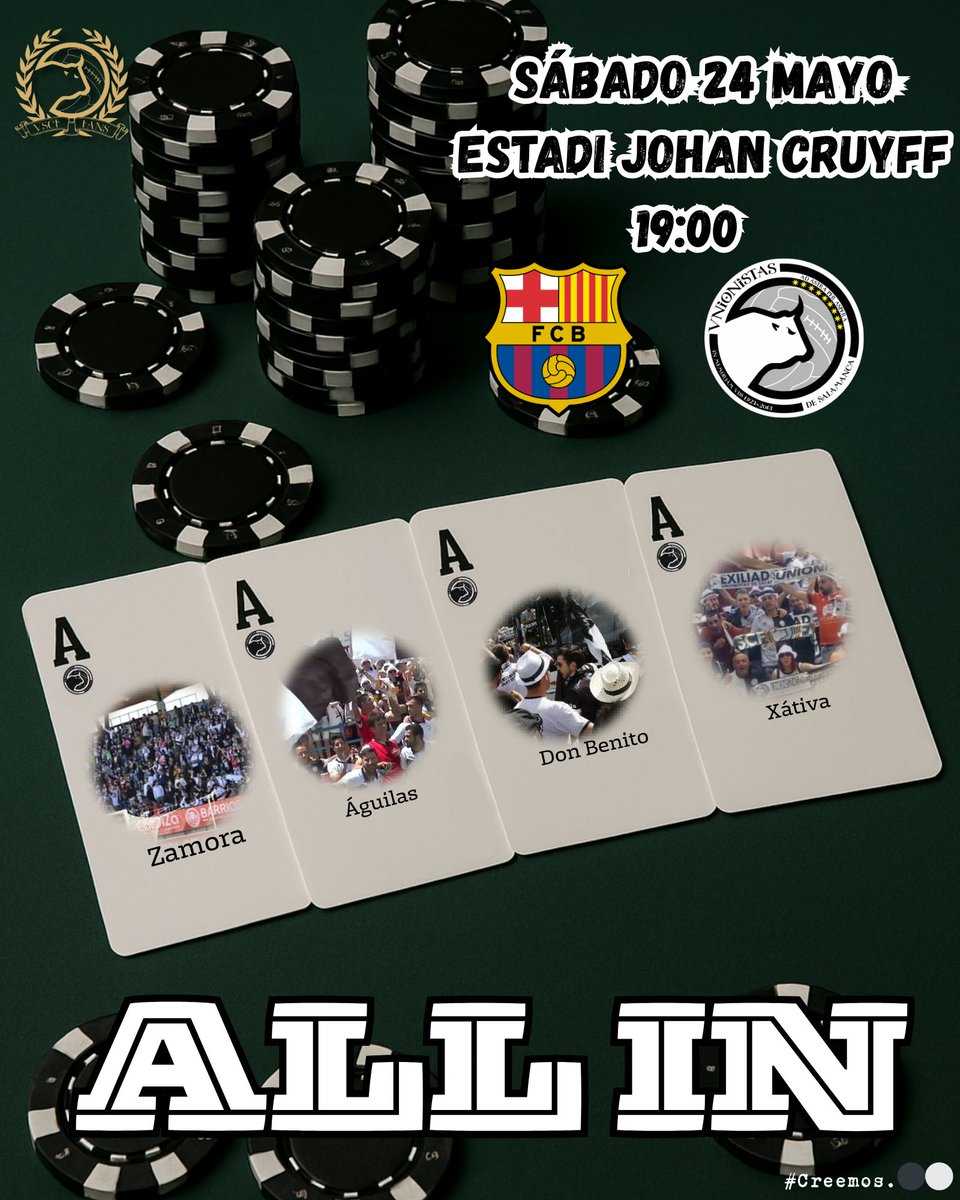 ALL IN

🏴🏳️🏴🏳️🏴🏳️🏴🏳️🏴

<a href="/FCBarcelonaB/">Barça Atlètic</a>
🆚
<a href="/UnionistasCF/">Unionistas de Salamanca CF</a>

🗓️: 24 Mayo  

🕛: 19:00

🏟️: Johan Cruyff

 #Creemos⚫⚪