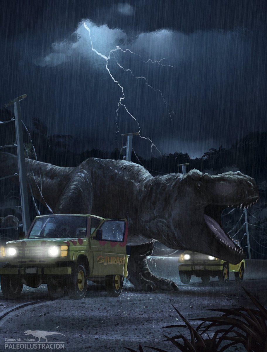 Commission made for the facebook page: Jurassic Park: Reborn

This scene shows the Tyrannosaurus breakout scene, but the animal is in modern scientific reconstruction and the Toyota land cruisers as mentioned in the book instead of the film's version Ford explorer.