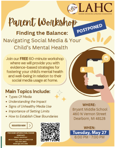 Bryant MS is hosting parent workshop on social media and student mental health.