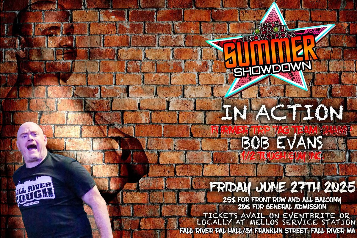 Top Rope Promotions (@topropepro) on Twitter photo Brutal <a href="/brutalbobevans/">“Brutal” Bob Evans</a> has signed up for Summer Showdown 2025, taking place Friday June 27th as the Fall River PAL Hall on Franklin Street. Bob fresh off the loss of his Tag Team Titles has vengeance on his mind. Who will he face find out soon.
eventbrite.com/e/summer-showd… Brutal <a href="/brutalbobevans/">“Brutal” Bob Evans</a> has signed up for Summer Showdown 2025, taking place Friday June 27th as the Fall River PAL Hall on Franklin Street. Bob fresh off the loss of his Tag Team Titles has vengeance on his mind. Who will he face find out soon.
eventbrite.com/e/summer-showd…
