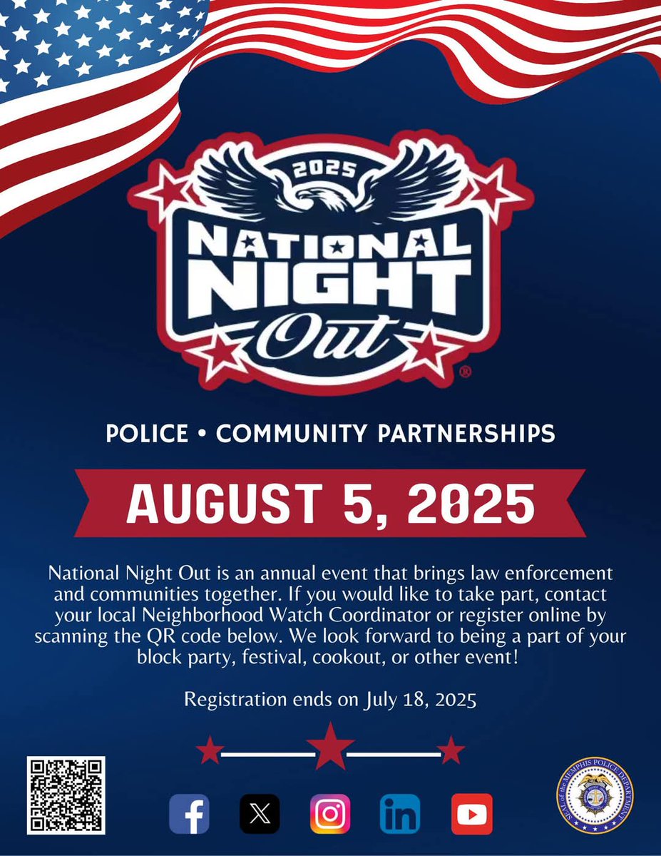 Join us for National Night Out on August 5, 2025!

Whether it’s a block party, cookout, or festival, let’s unite for a night of community fun and partnership- building safer neighborhoods together!

Register by July 18 – scan the QR code or contact your Neighborhood Watch