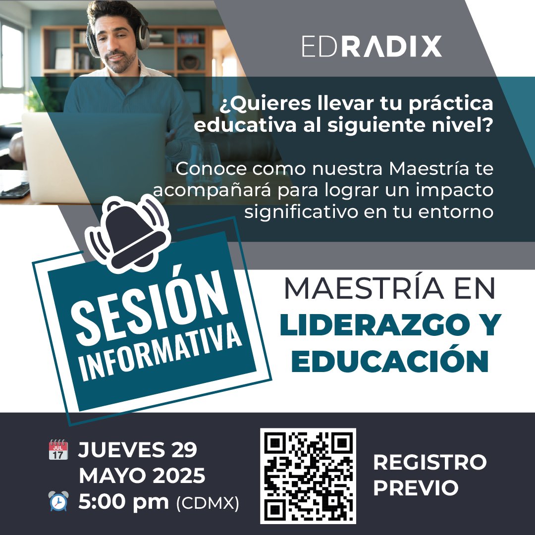¿Te interesa postular a la #MaestríaenLiderazgoyEducación de EDRADIX, pero aún tienes preguntas?

Únete a nuestra sesión informativa y conoce a fondo el plan curricular, su enfoque y nuestro programa de becas.

Jueves 29, mayo 2025 | 5 pm (CDMX)
Registro: zoom.us/meeting/regist…