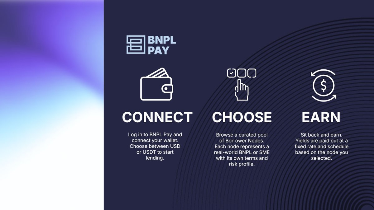 bnplpay's tweet image. Connect your wallet. Choose a pool. Start earning.
It’s that simple with BNPL Pay. 💸
Ready to earn? 🔗 bnplpay.io

#BNPLPay #DeFi #CryptoLending #LendAndEarn #Web3Finance