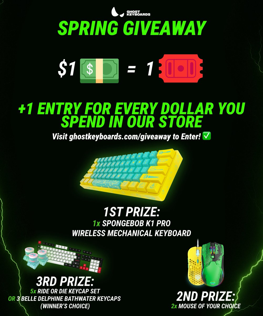 Spring’s here, and we’re not just cleaning up — we’re leveling up your setup with our biggest giveaway of the season.

We’re picking 8 winners to take home a slice of nearly $380 worth of Ghost gear:
🎯 1st Prize: SpongeBob K1 Pro Wireless Mechanical Keyboard
(1 Winner)
🎯 2nd