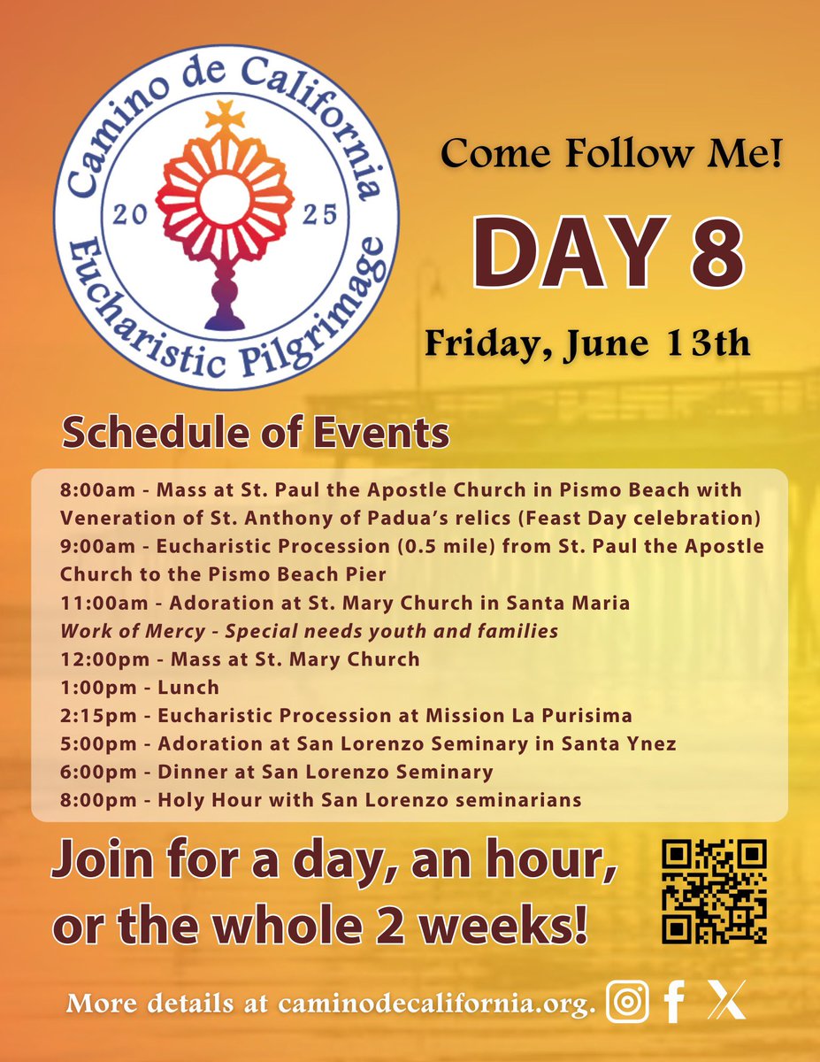 CAMINOdeCA2025's tweet photo. Join us to bring Jesus to the beach on Day 8 of the Camino de California Eucharistic Pilgrimage! There will also be opportunity to venerate Saint Anthony’s relics on his feast day, and of course, daily Mass and Adoration. https://t.co/QgIsoPysbI