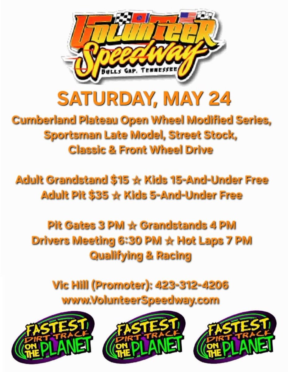 Volunteer Speedway (@thegap_volspdwy) on Twitter photo We hope to see you at <a href="/TheGap_VolSpdwy/">Volunteer Speedway</a> SATURDAY, MAY 24. ... Cumberland Plateau Open Wheel Modified Series ($2,000-to-win), Sportsman Late Model ($1,500-to-win), Street Stock ($600-to-win), Classic ($600-to-win), Front Wheel Drive ($500-to-win) and Juice Box. We hope to see you at <a href="/TheGap_VolSpdwy/">Volunteer Speedway</a> SATURDAY, MAY 24. ... Cumberland Plateau Open Wheel Modified Series ($2,000-to-win), Sportsman Late Model ($1,500-to-win), Street Stock ($600-to-win), Classic ($600-to-win), Front Wheel Drive ($500-to-win) and Juice Box.