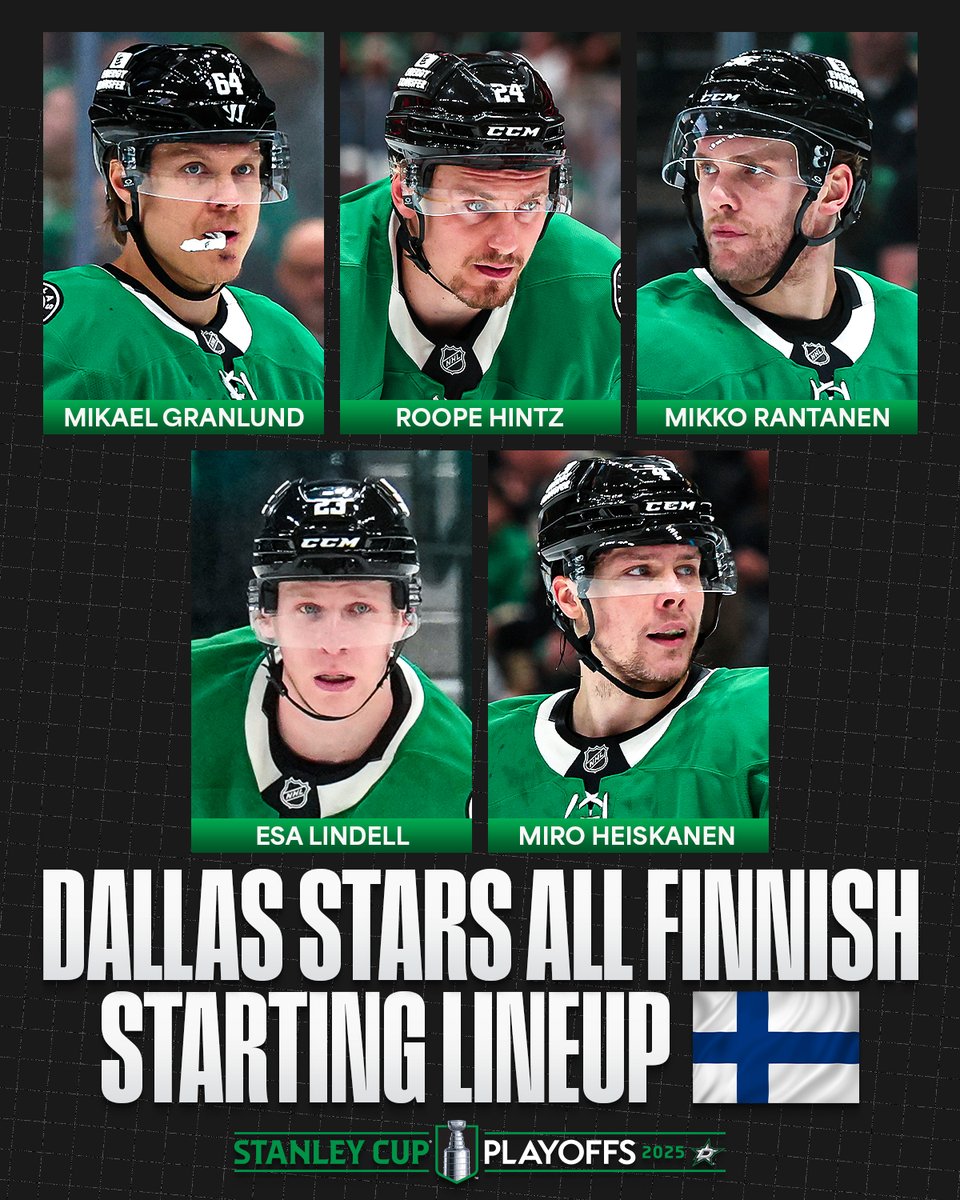 A FINN-TASTIC WAY TO START THE GAME 🤩

The <a href="/DallasStars/">Dallas Stars</a>' starting lineup featured all five of their Finnish skaters! 🇫🇮 #StanleyCup

🇺🇸: <a href="/espn/">ESPN</a> &amp; <a href="/ESPNPlus/">ESPN+</a> ➡️ espn.com/watch
🇨🇦: <a href="/Sportsnet/">Sportsnet</a> or stream on Sportsnet+ ➡️ watch.sportsnet.ca