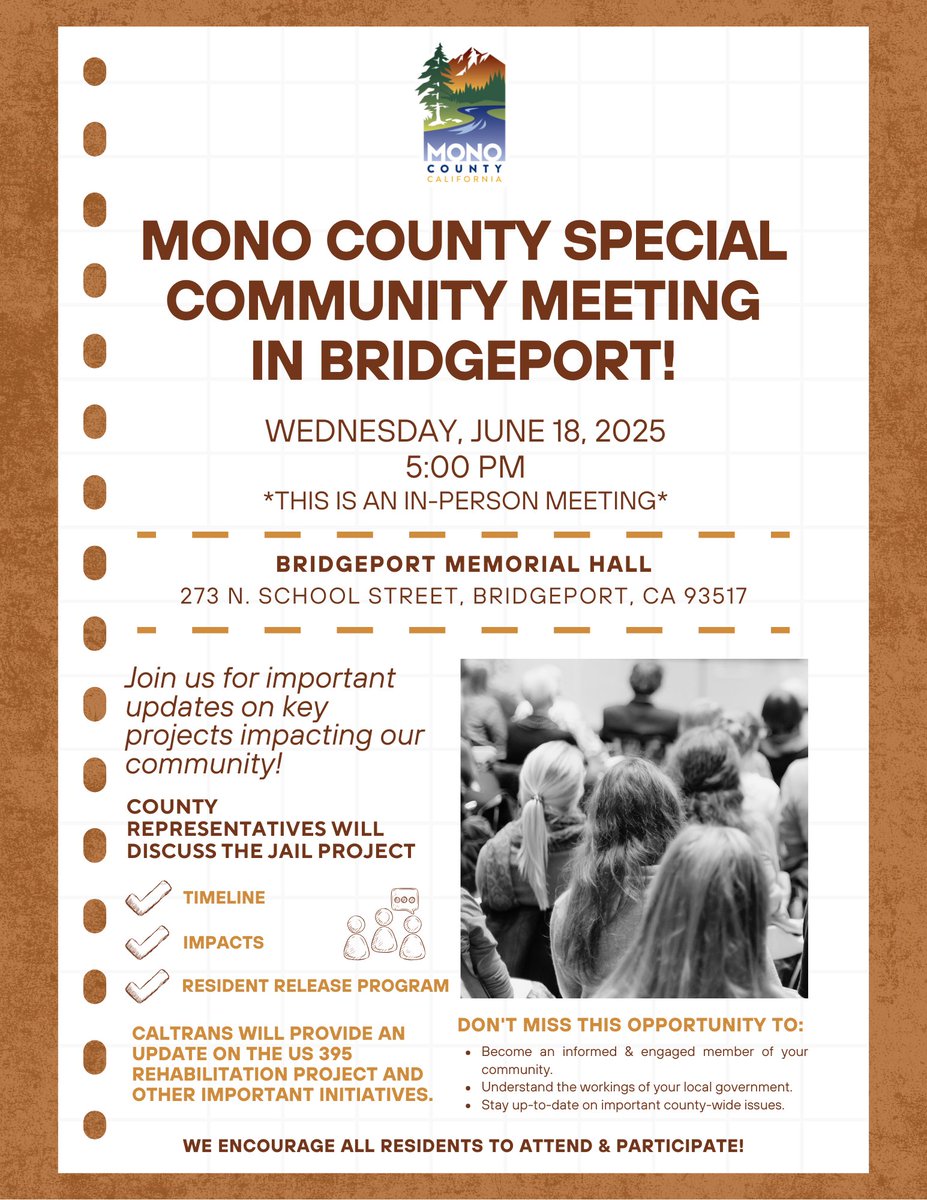 📢 Mono County Special Community Meeting in Bridgeport! 📢

Join us for important updates on key projects impacting our community!

County representatives will discuss the Jail project (timeline, impacts, resident release program), and Caltrans will provide an update on the US