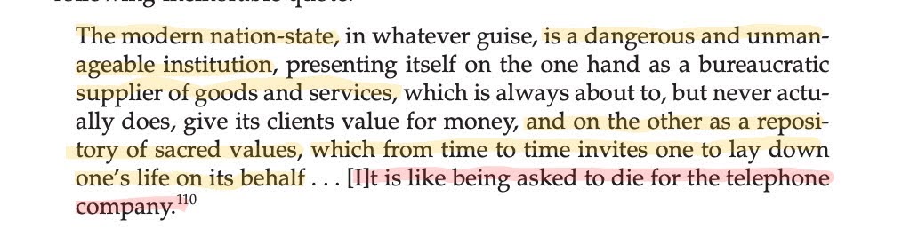 jasonwblakely's tweet image. Amazing to me that some people reading Matt&apos;s post of MacIntyre&apos;s famous barb that dying for the &quot;nation-state&quot; is like dying for the &quot;telephone company&quot; cannot in humility accept that MacIntyre was scathingly critical of nationalism.

Here is the full passage: