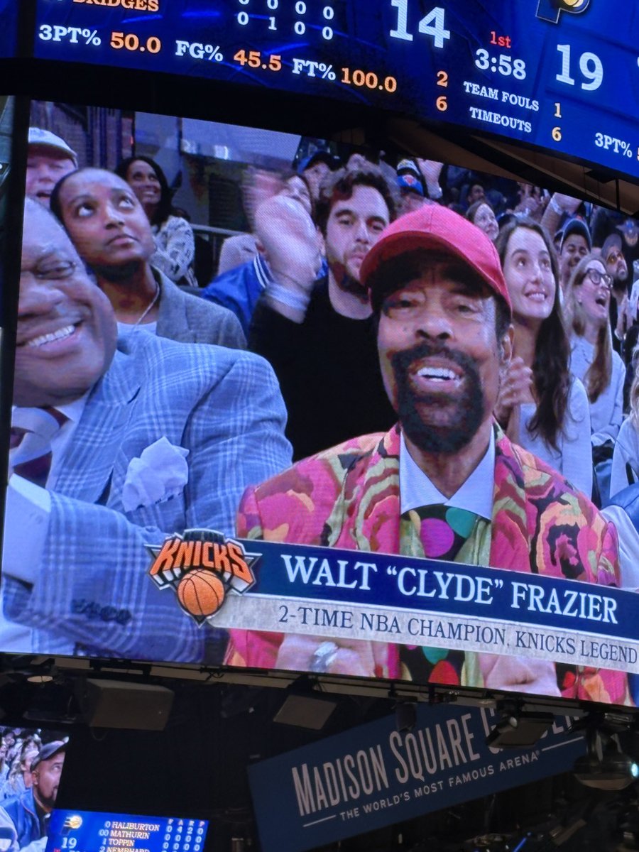KampeOU's tweet image. Bucket list.  A Knicks playoff game in the Garden tonight. And see a childhood great Walt “Clyde” Frazier. I got my first blue suede basketball shoes because of him. Good to see Erie also.