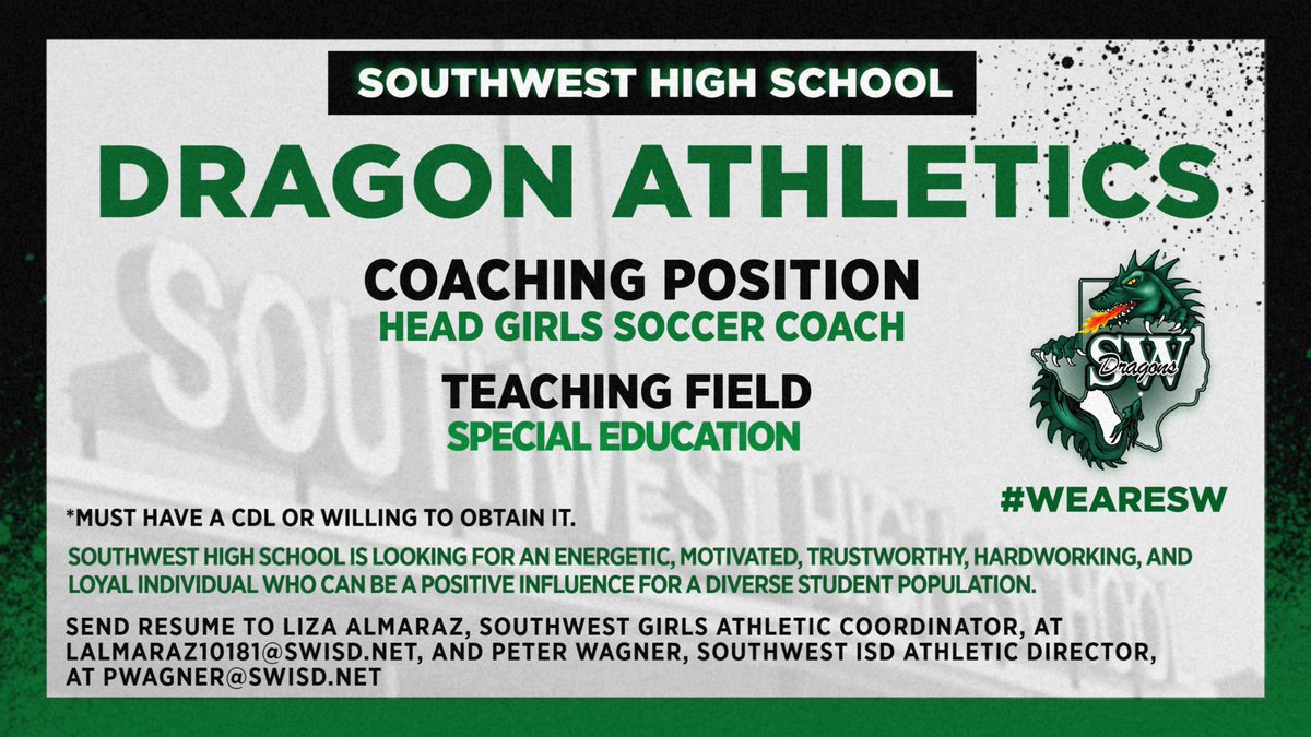 SA High School & Club Soccer (@6a_28) on Twitter photo 🚨5A San Antonio Girls Head Coach Job Opening!🚨
<a href="/SWDragonsWS/">Southwest Women's Soccer</a> is searching for a Girls Soccer Head Coach!
If you’re interested, email your resume to Lalmaraz10181@swisd.net & Pwagner@swisd.net.
<a href="/LethalSoccer/">Coach Duque</a> <a href="/tascosoccer/">TASCO</a> <a href="/swisd_athletics/">SWISD Athletics</a> <a href="/SASWAthletics/">SWHS Athletics</a> 🚨5A San Antonio Girls Head Coach Job Opening!🚨
<a href="/SWDragonsWS/">Southwest Women's Soccer</a> is searching for a Girls Soccer Head Coach!
If you’re interested, email your resume to Lalmaraz10181@swisd.net & Pwagner@swisd.net.
<a href="/LethalSoccer/">Coach Duque</a> <a href="/tascosoccer/">TASCO</a> <a href="/swisd_athletics/">SWISD Athletics</a> <a href="/SASWAthletics/">SWHS Athletics</a>