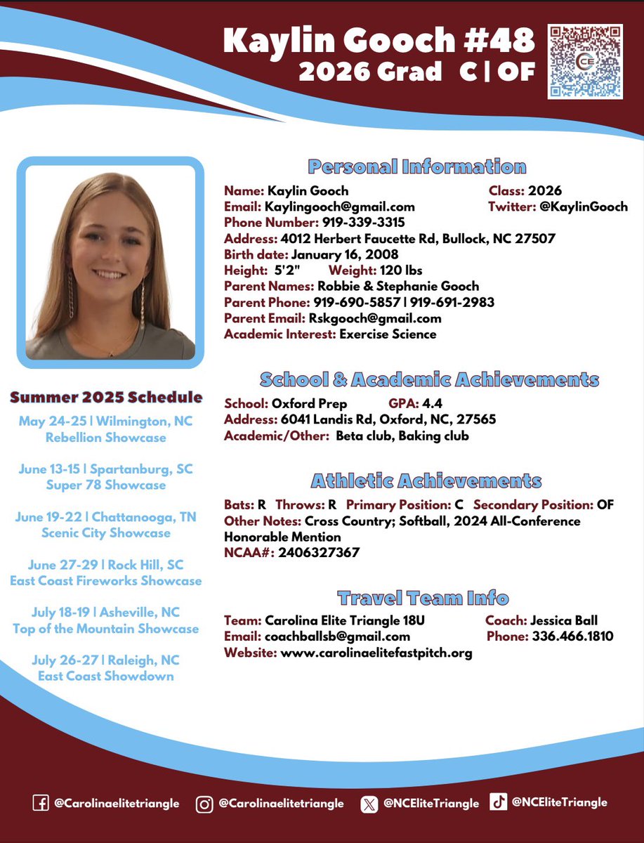 KaylinGooch's tweet photo. Can’t wait to start the season off tomorrow with @NCEliteTriangle !! 
Here’s our schedule along with my new profile sheet!

Saturday:
9:00 Ogden Park Green Field
12:00 UNCW Boseman Field

Sunday:
10:30 Ogden Park Blue Field
12:00 Ogden Park Green Field https://t.co/PKKEITMj1U