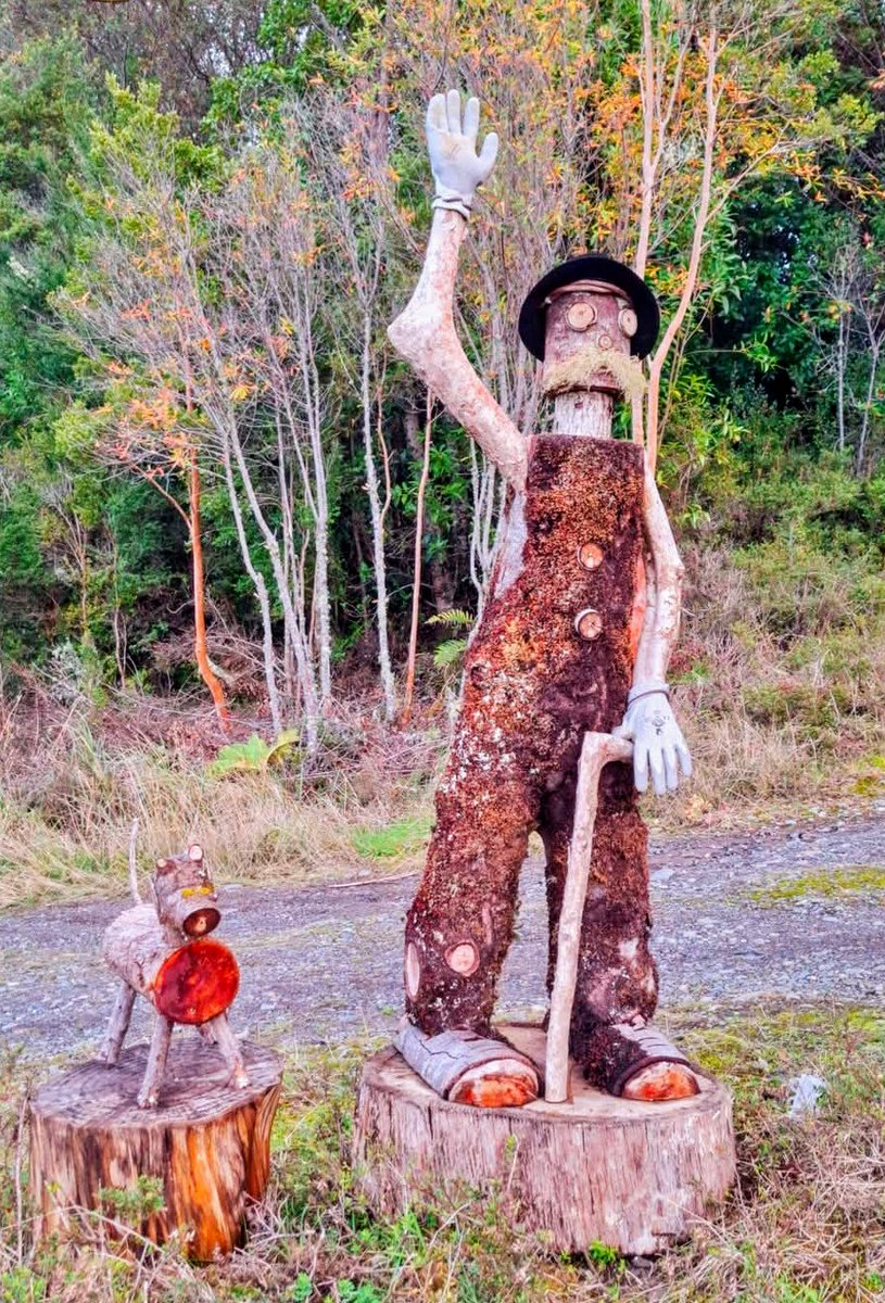 Solo en #Chiloe con sus caminos cercanos a bosques, puedes encontrar cosas que te sorprenden cómo estas figuras de madera nativa, que te saludan.