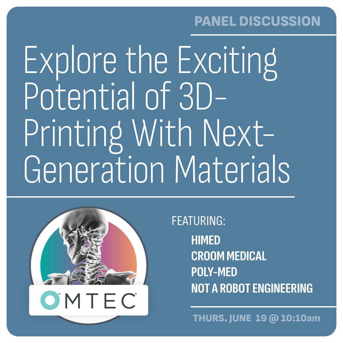 Himed (@himedbio) on Twitter photo Join the panel on next-gen #biomaterials for #orthopedic #3Dprinting at #OMTEC2025 on 6/19!
Featuring experts from <a href="/croom_medical/">Croom Medical</a>, <a href="/himedbio/">Himed</a>, Not a Robot Engineering, & <a href="/PolyMedInc/">Poly-Med, Inc</a>. Don’t miss this discussion on how materials advancements are shaping future implant designs. Join the panel on next-gen #biomaterials for #orthopedic #3Dprinting at #OMTEC2025 on 6/19!
Featuring experts from <a href="/croom_medical/">Croom Medical</a>, <a href="/himedbio/">Himed</a>, Not a Robot Engineering, & <a href="/PolyMedInc/">Poly-Med, Inc</a>. Don’t miss this discussion on how materials advancements are shaping future implant designs.