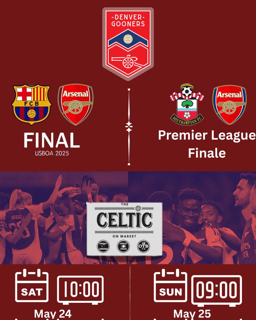 The final weekend of Arsenal football is a massive one.

Before we adjourn for the summer, we’ve got two matches and two more chances to meet up!

SATURDAY, MAY 24 — 10:00 AM MT
Arsenal Women vs. Barcelona
Women’s Champions League Final
Our first-ever official watch party for the